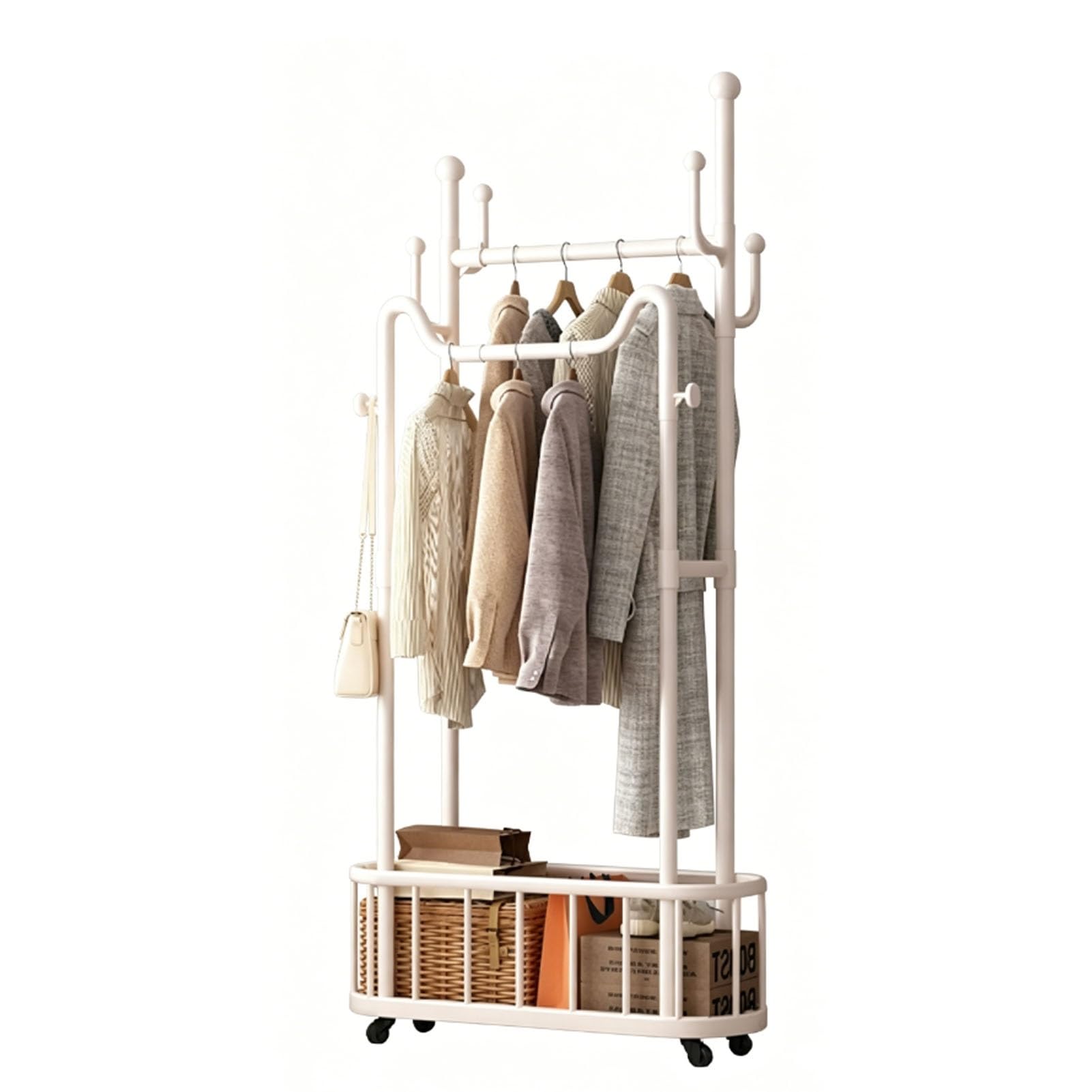 YAOHY Clothes Rack, Bar Double Rod Rolling Metal Clothing Rack for Hanging Clothes, Portable Garment Rack with Wheels, Wardrobe Closet Organizer for Bedroom and Laundry Room(White,39.3in/100cm)