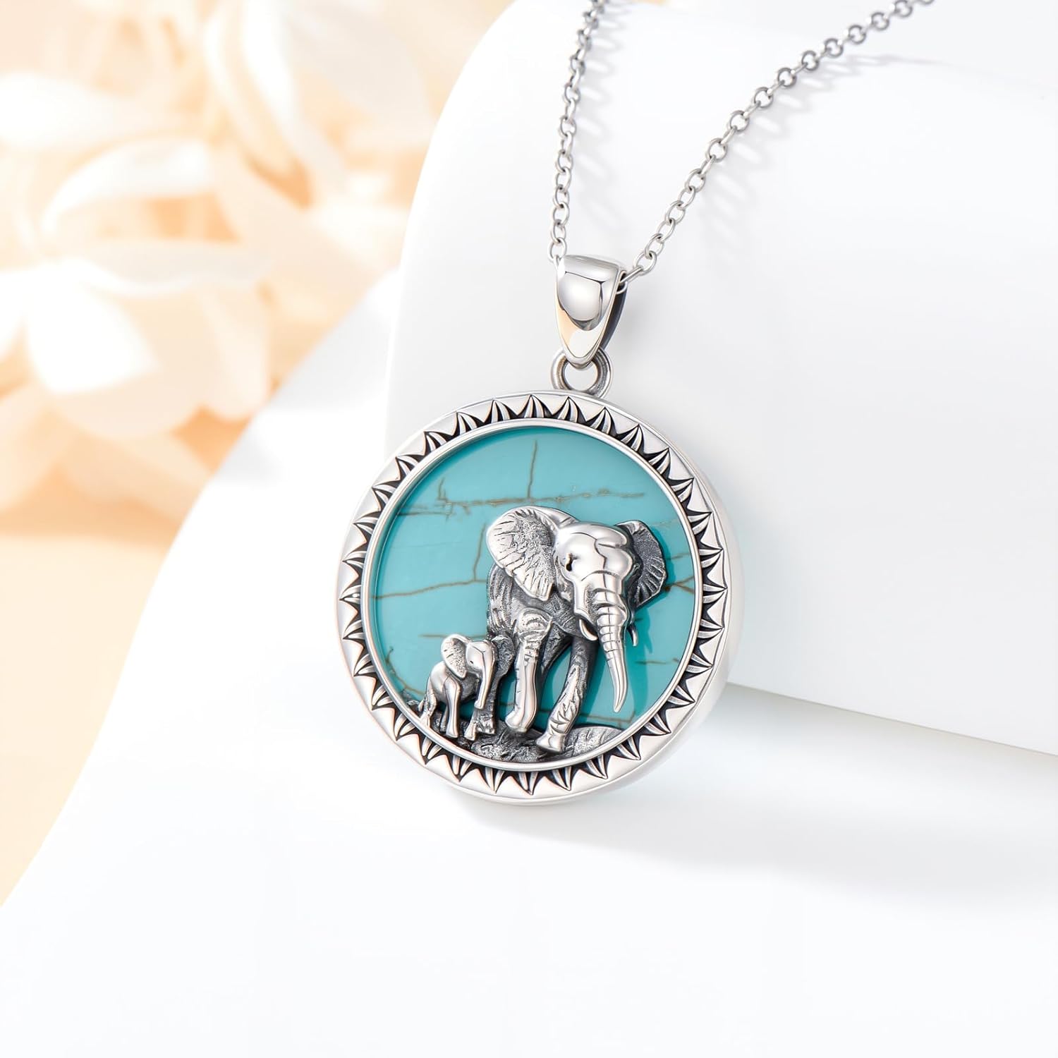 Natural Turquoise Elephant Necklace for Women 925 Sterling Silver Two Elephant Pendant Necklaces Genuine Turquoise Jewelry Gifts for Mom Wife - Image 3