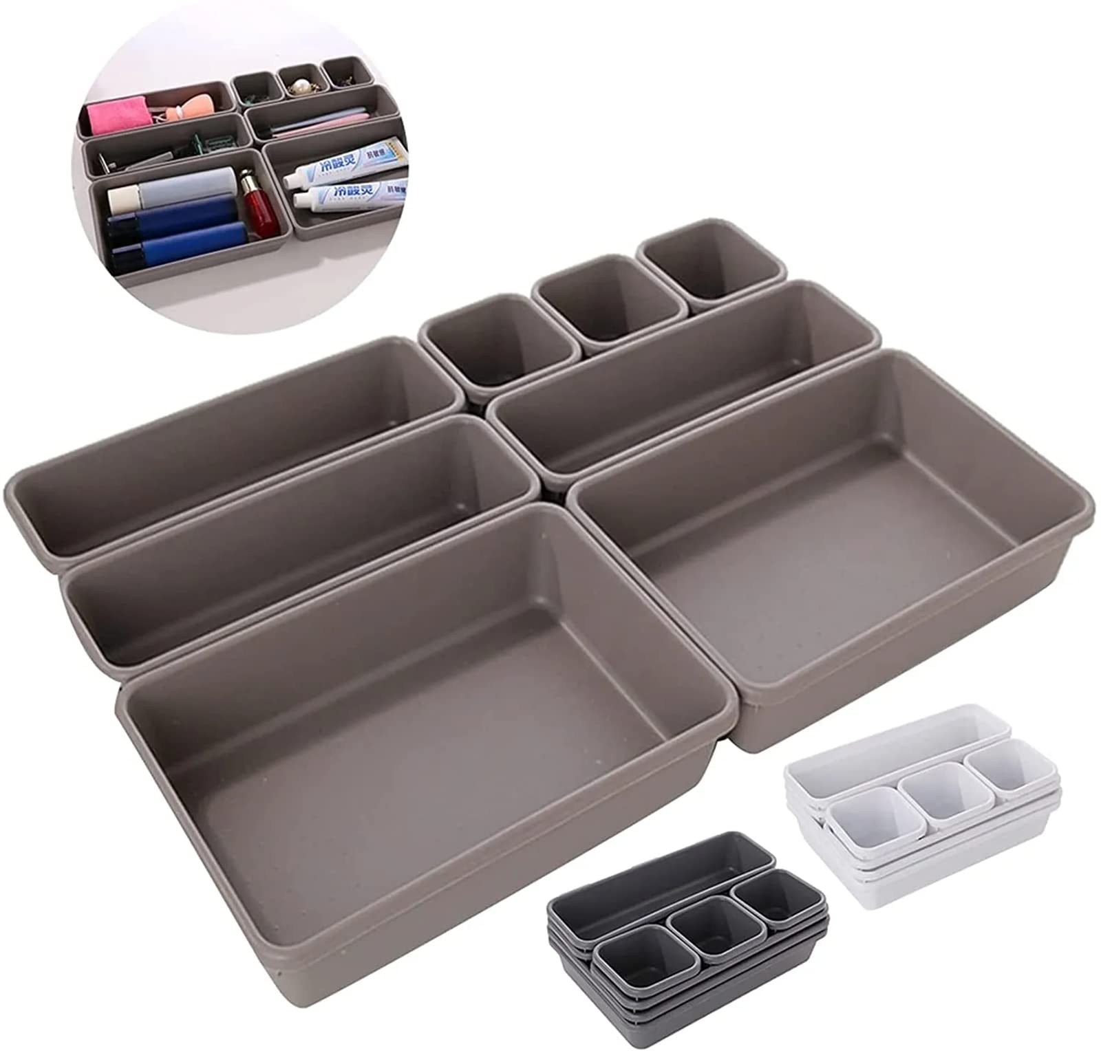 Zestaw 24 organizerów do szuflad, plastikowe, blokujące, płytkie szuflady, separatory, pojemniki do przechowywania, pojemnik do biura, łazienki, kuchni, szafki na kosmetyki