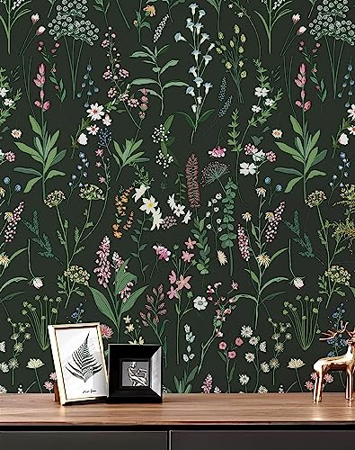 JiffDiff Floral Wallpaper Peel and Stick Farm Floral 236" x 17.3" Wildwood Wall Paper Dark Self Adhesive Contact Paper Stick on Wallpaper Coverage 30 sq.ft