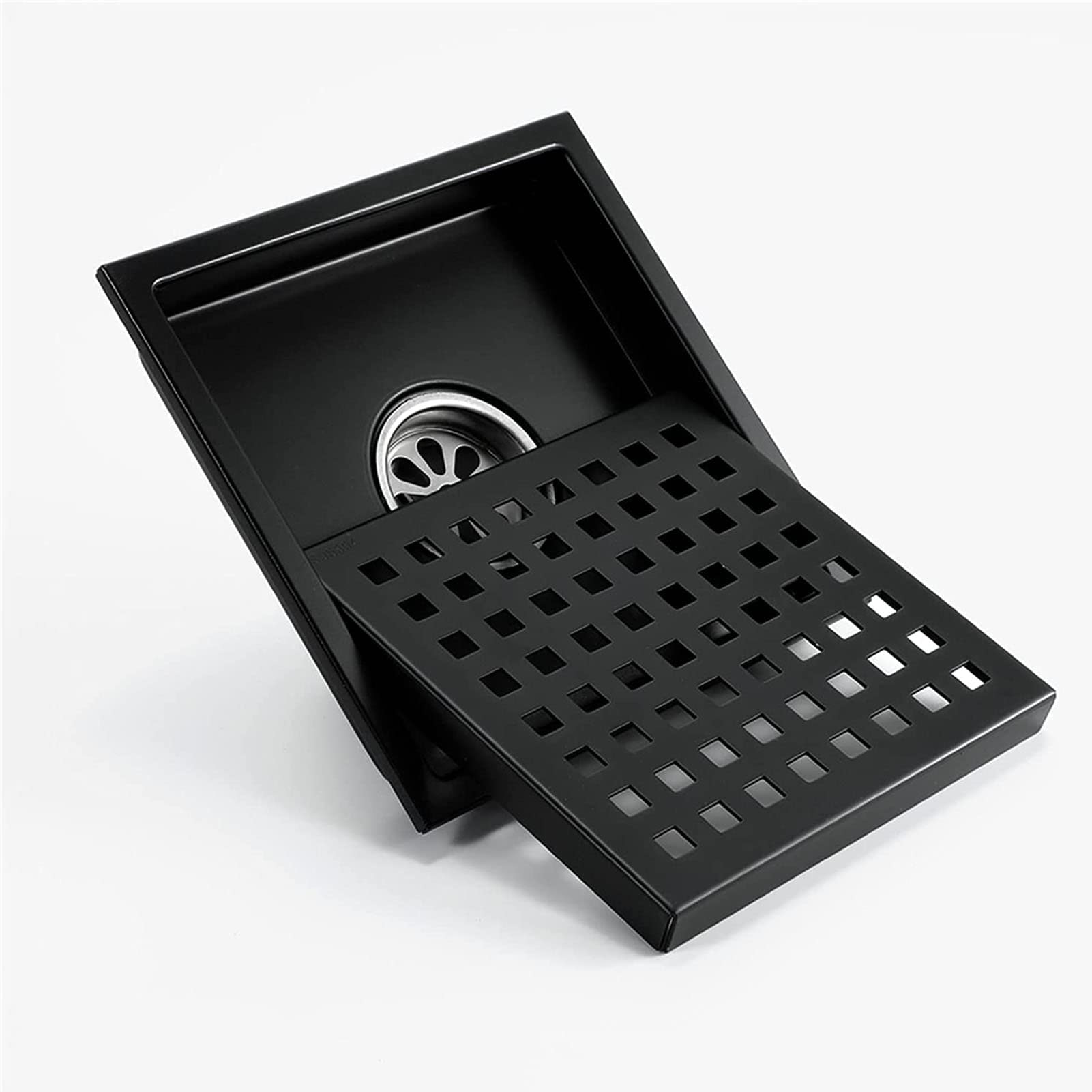 Scarico quadrato per doccia da 15,2 cm, con griglia rimovibile e raccogli capelli, in acciaio inox SUS 304, per bagno, colore nero