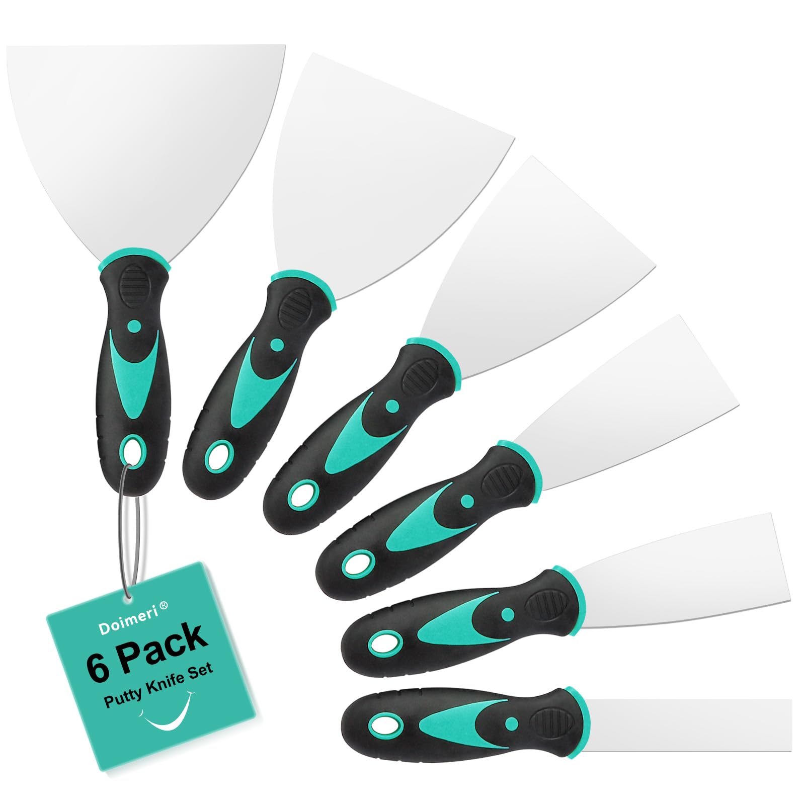 6 Pack Putty Knife, 1” 1.5” 2” 3” 4” 5” Spackle Knives, Premium Stainless Steel Paint Scraper, Perfect Tools for Repairing Drywall, Removing Wallpaper, Applying Mud or Plaster