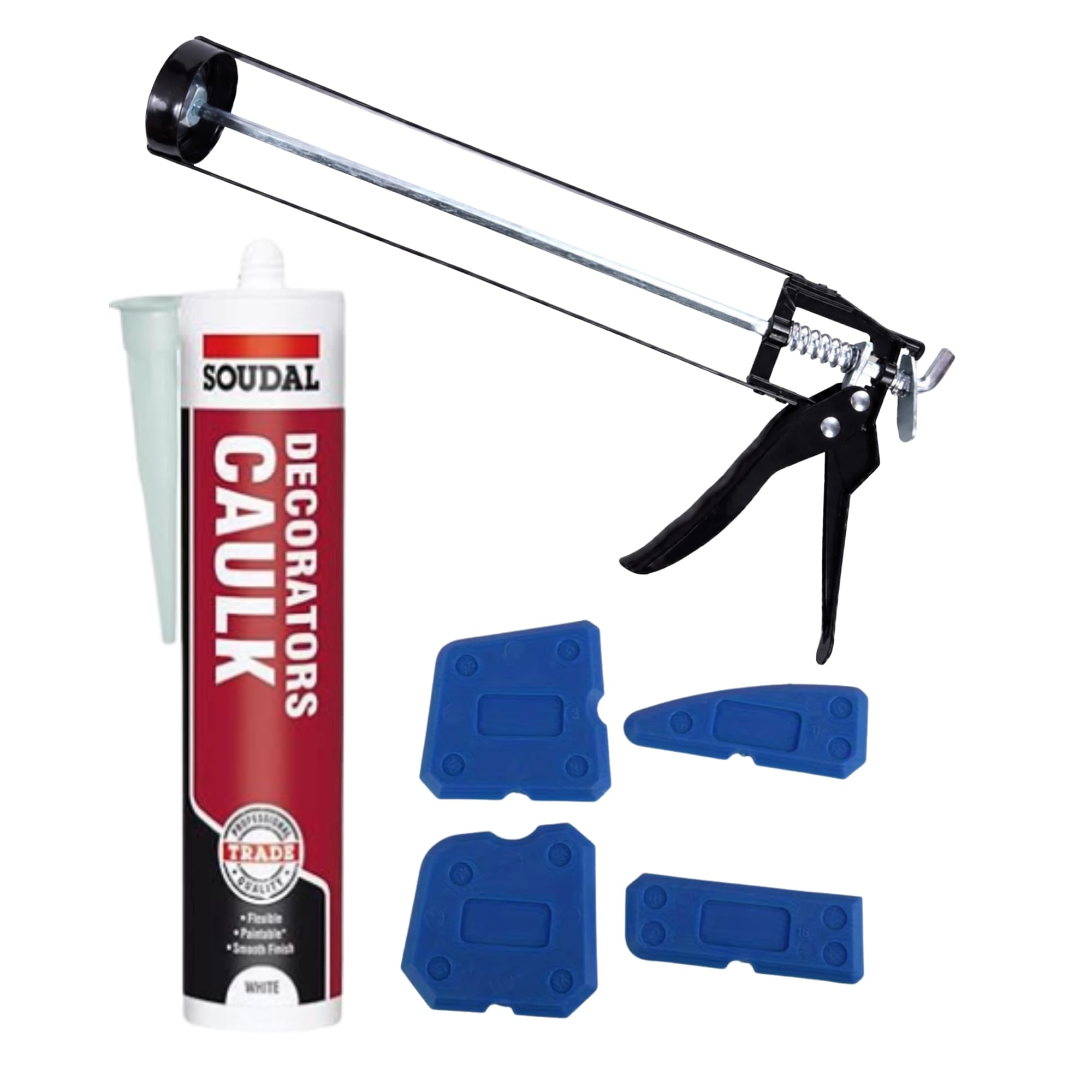 Sealant Gun and Decorators Caulk Set Including Sealant Finishing Kit, Manual Caulking Gun and Soudal Builders Caulk White
