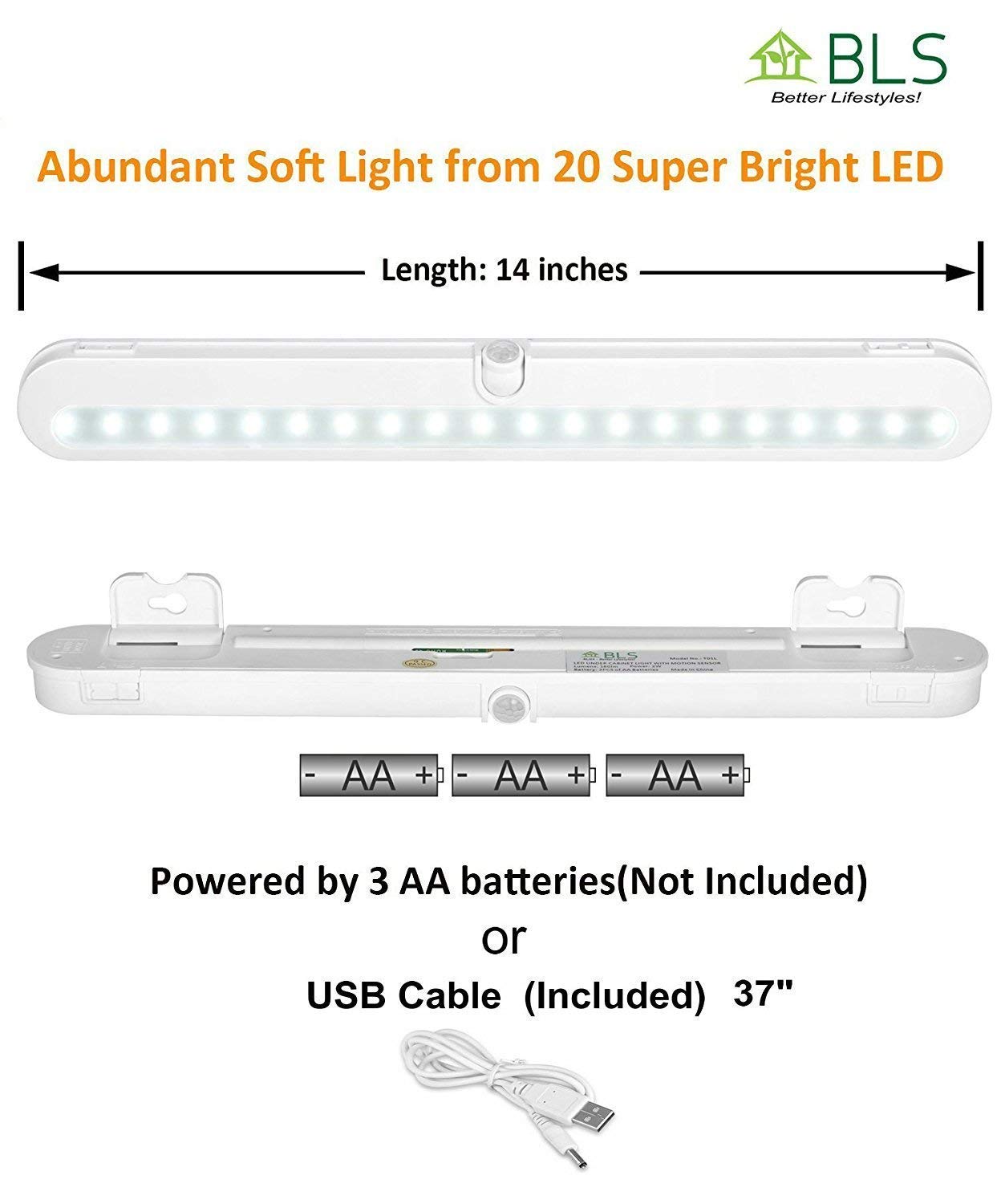 t01lb LED Schrank Licht – BLS 20 superhelle LED Unter Schrank Beleuchtung Batteriebetrieben/DC Eingang Wireless Motion Sensing Light, Motion & Light Sensor, Light Beam verstellbar, 2.00watts