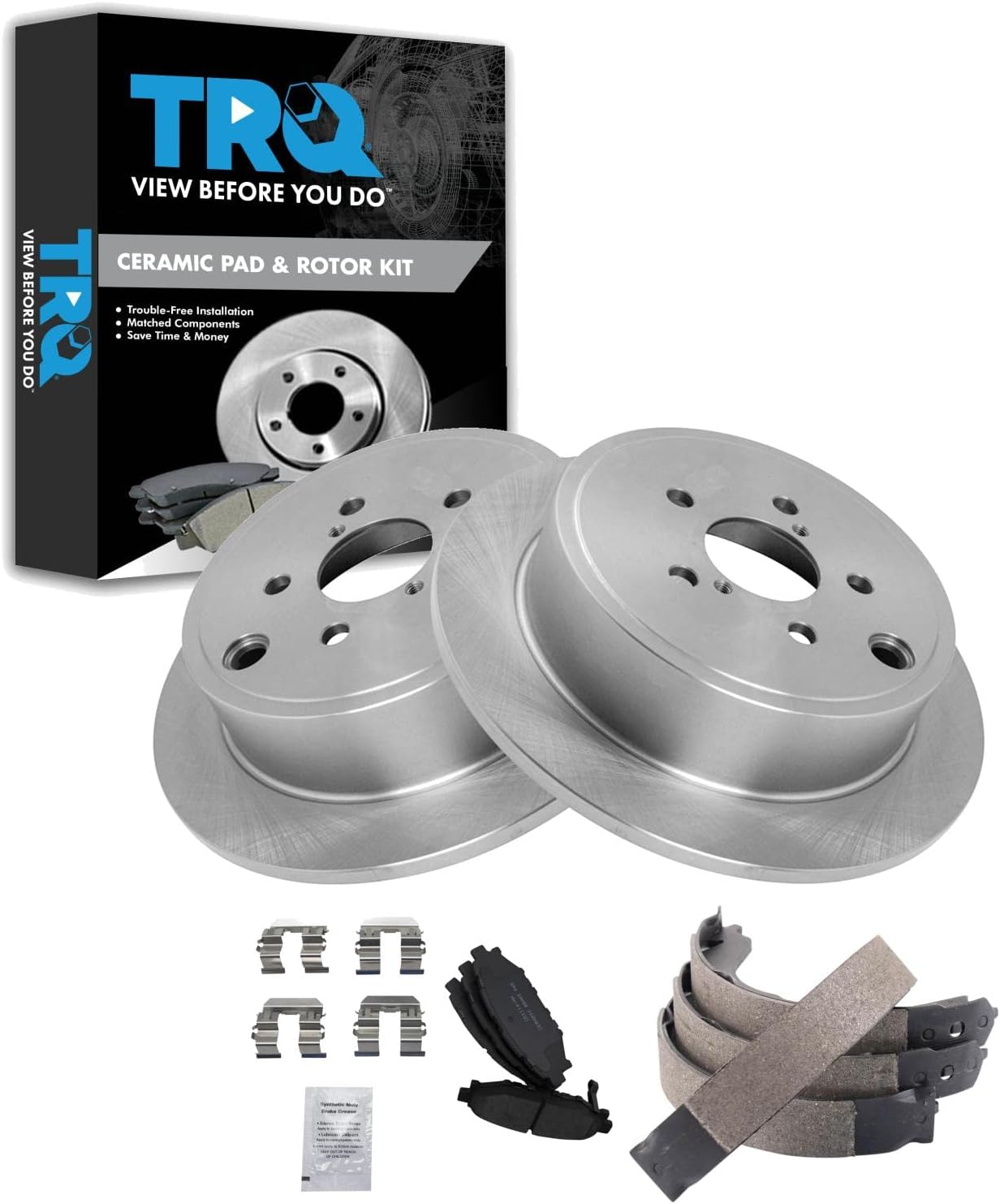 TRQ Rear Brake Pad and Rotor Set Ceramic Parking Brake Shoes Compatible with 2009-2013 Subaru Forester 2008-2014 Impreza 2010-2012 Legacy Outback