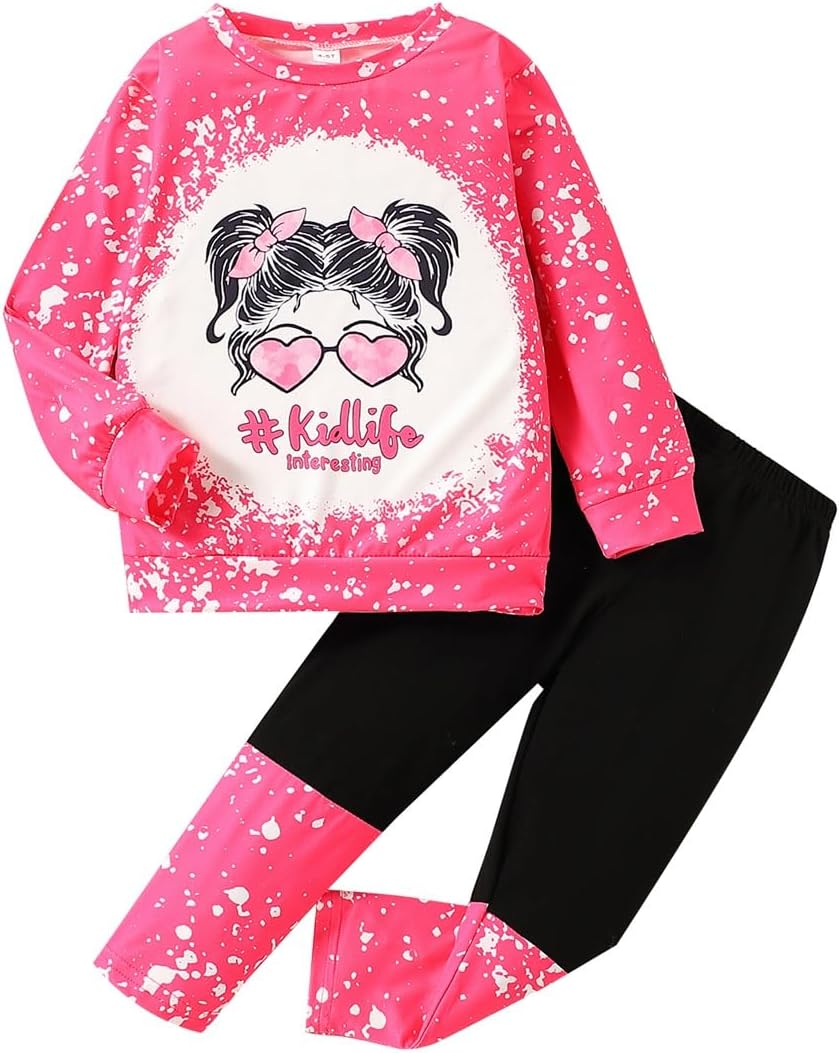 OLMRJKD Kids Toddler Girls Clothes Figure Graphic Drop Shoulder Top Pullover Spotted Print Pants Fall Winter Outfit Set
