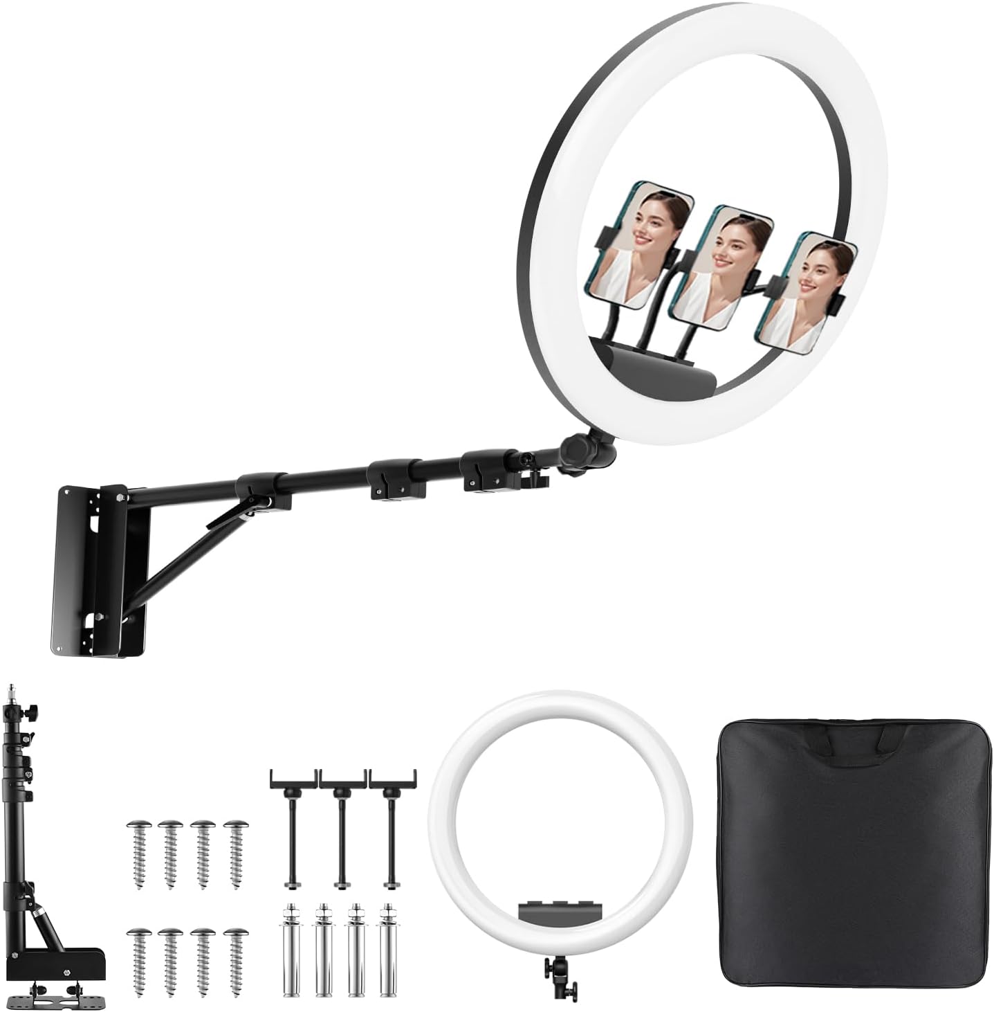 19'' Ring Light Wall Mount with Phone Holder, 45.7" Triangle Boom Arm Wall Mounted Light Stand, 360° Rotatable Studio Lighting for Live Streaming, Photography, Salon, Barber, Beauty, Tattoo