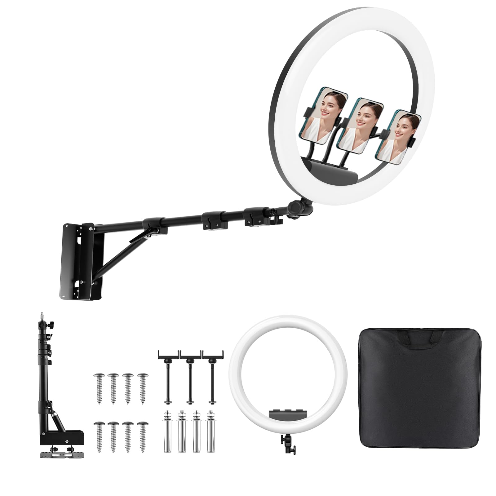 Supporto da parete ad anello con supporto per telefono, braccio a triangolo girevole, supporto per luce per studio fotografico, streaming live, salone, barbiere, tatuaggi di bellezza, RL02