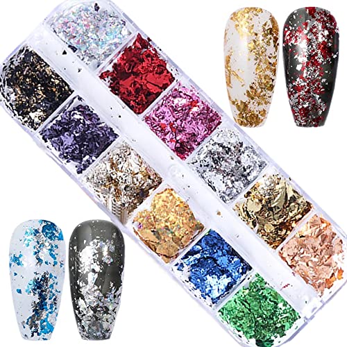 12 Color Holographic Nail Art Foil Flakes Glitter Nail Sequins Confetti Gold Silver Irregular Ultra-Thin Film Nail Designs Acrylic Nails Supplies For Women Girls Manicure Tips Charm Decorations #TOP3