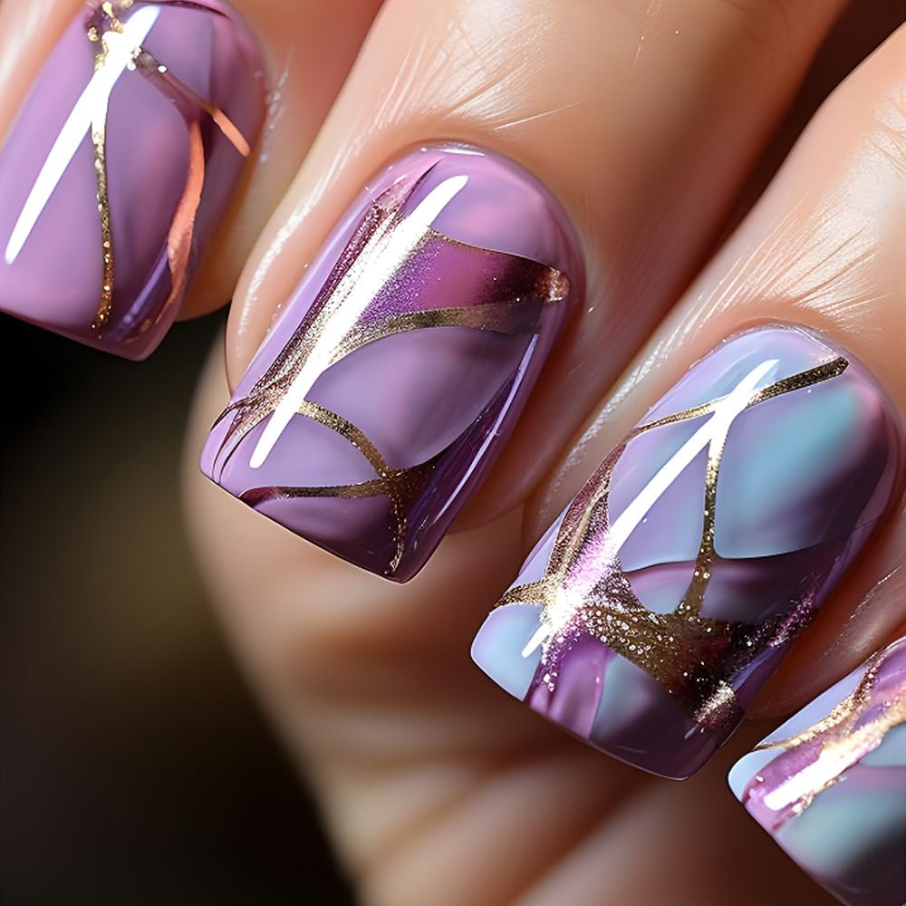 CEWEWP Short Press on Nails Blue Purple Gradient Square False Nails Artificial Acrylic Nails Gold Foil Stripe Design Fake Nails Full Cover Glossy Reusable Coffin Nails Glue on Nails for Women 24Pcs