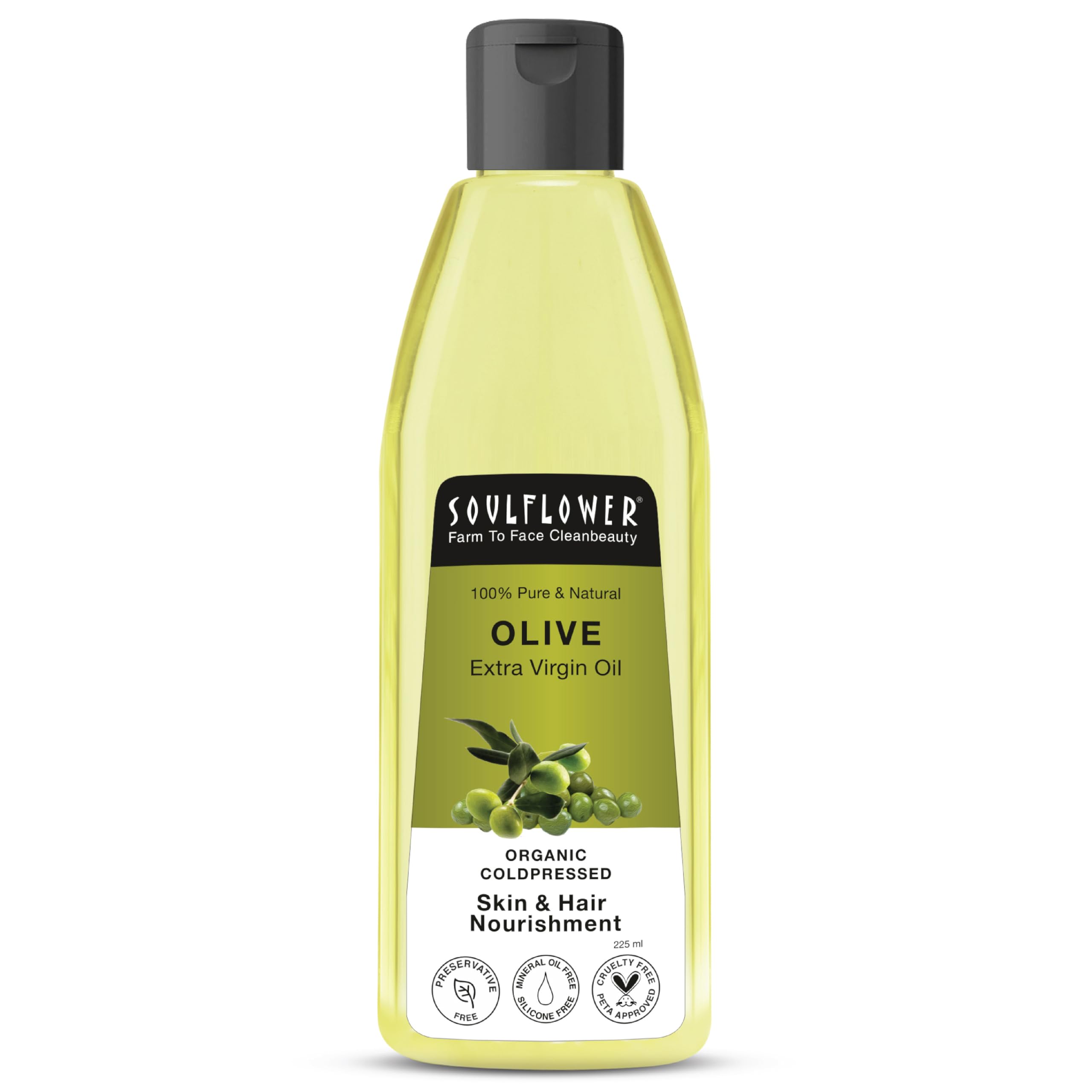 Soulflower Olive Hair Oil, Hair Growth, Skin, Face Massage, Nourishment & Moisturization, Fine Lines & Wrinkles, Strengthen Hair Roots, 100% Pure, Natural & Cold-Pressed, Olive Fruit, Vitamin E, 225ml