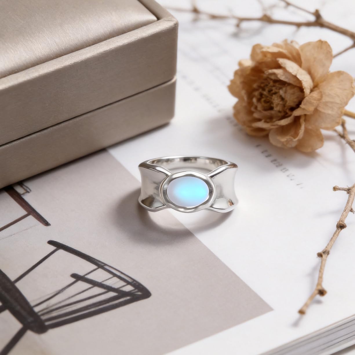 Oval Stone Wide Band Ring,Plain Sterling Silver Irregular Edge Natural Real Genuine Crystal Quartz Gemstone Solitaire Chunky Statment Ring Jewelry for Women Her