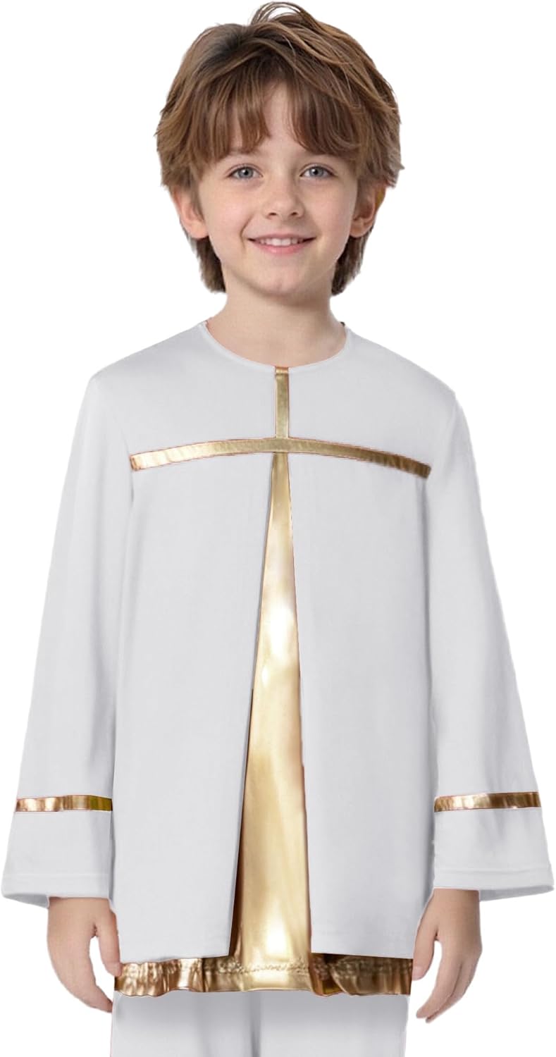 ranrann Kids Boys Praise Dance Top Long Sleeve Metallic Gold Pullover Worship Shirt Liturgical Dancewear