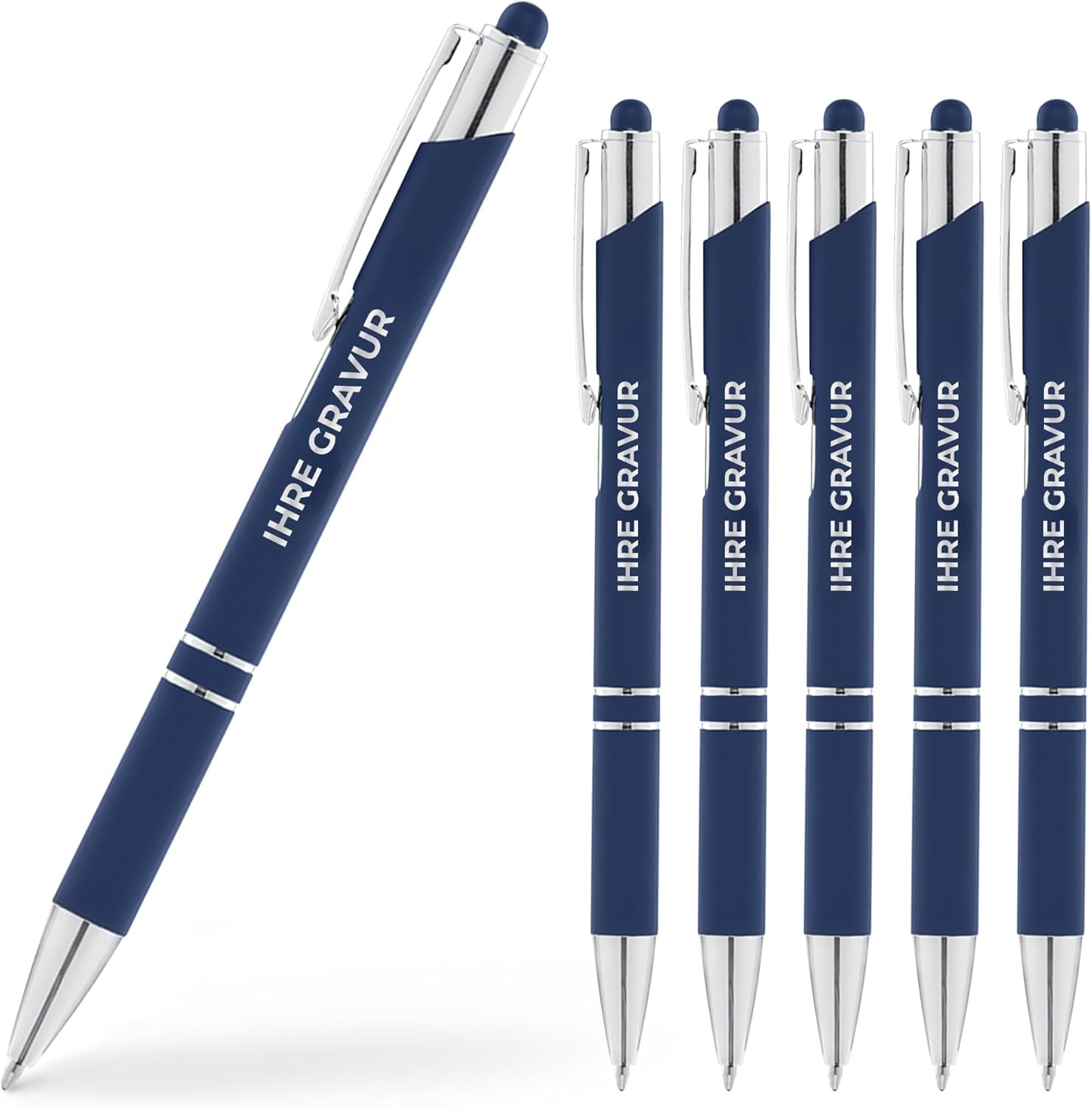 Cimpress personalisiert Kugelschreiber mit Gravur, Mit Wunschtext, 2-in-1 Stylus-Stift, Soft-Touch, schwarze Tinte, Personalisierte geschenke für Firmen, Events & Hochzeiten, 100 Stück, Marineblau