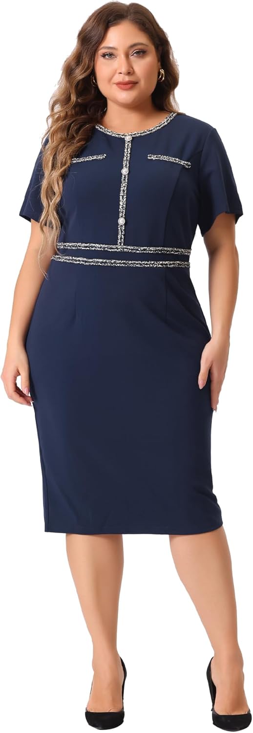 Agnes Orinda Plus Size Dresses for Women Button Crew Neck Vintage Wear to Work Office Party Bodycon Pencil Dress - Image 3
