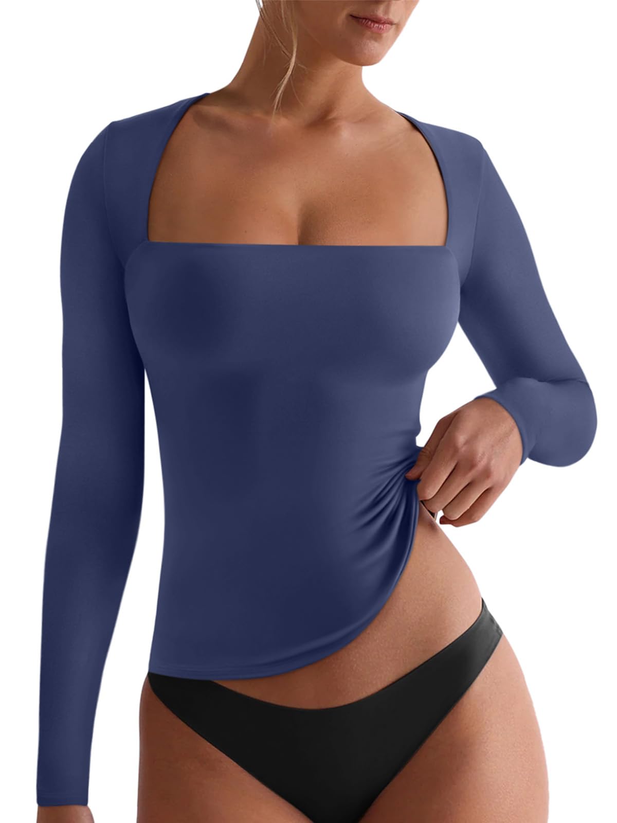 REORIA Fall Sexy Basic Square Neck Tops for Women Long Sleeve Double Lined Full Length Fitted T Shirts Tops