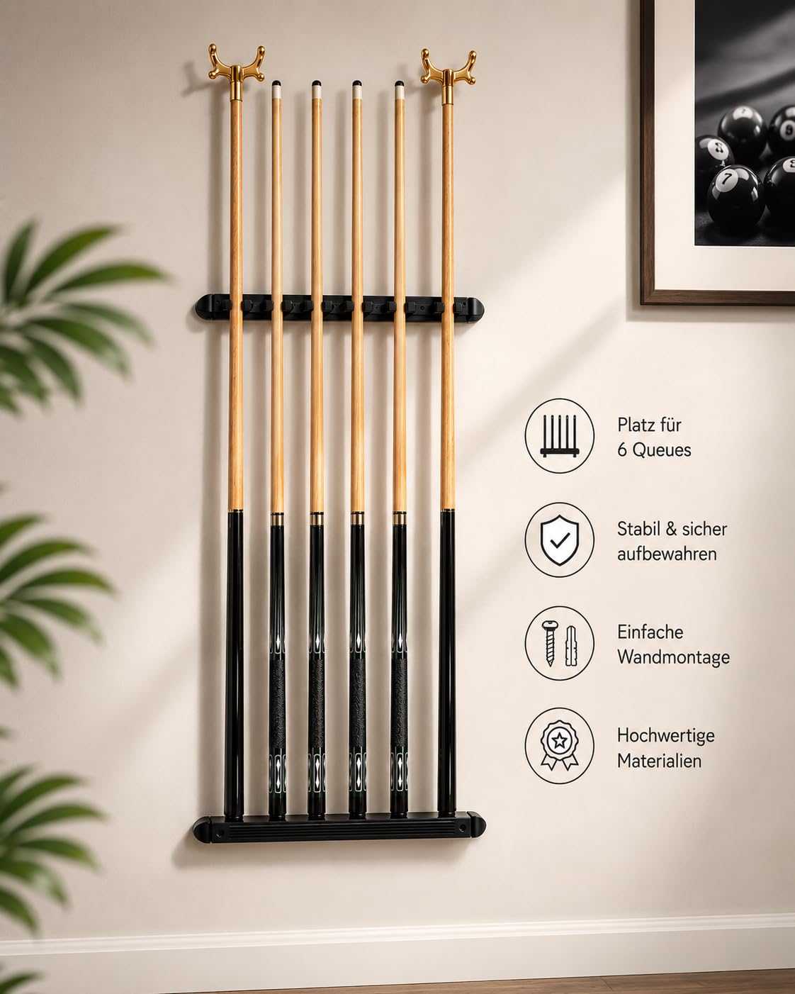 John West Billard Set mit Wandhalterung, 4 Queues 145 cm, 2 Brückenqueues | Queuehalter für 6 Queues, Zweiteilige Billardqueues, Pool Billard Zubehör Set