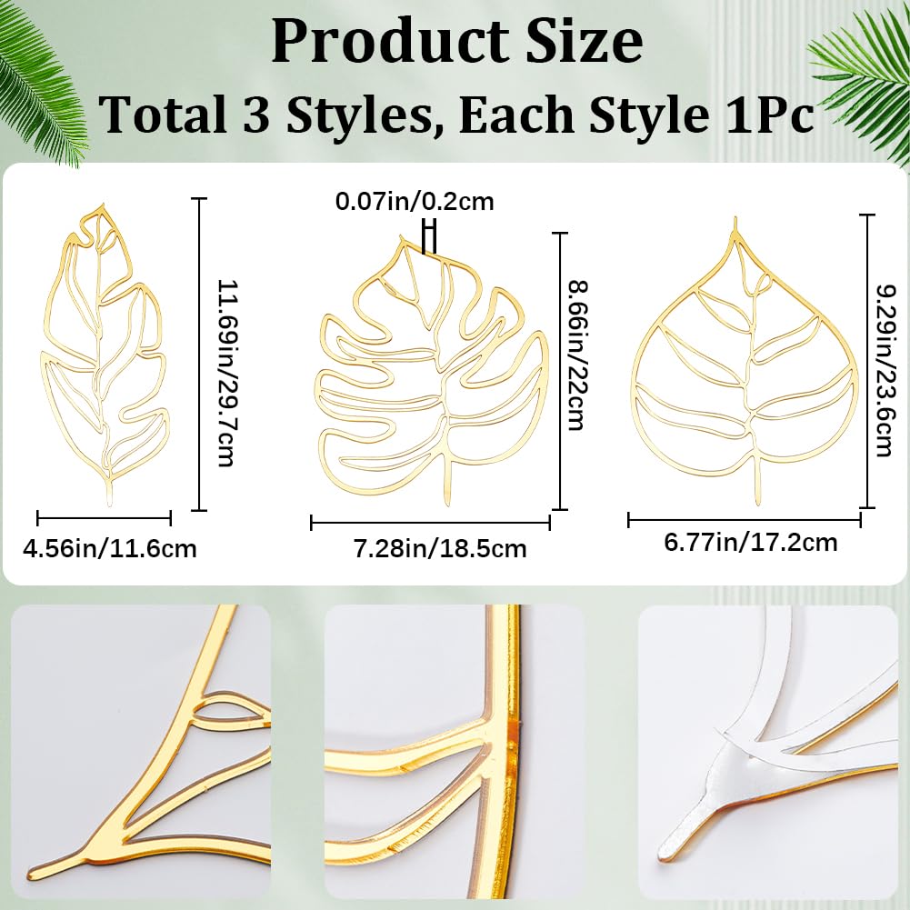 CREATCABIN 3Pcs Leaf Mirror Wall Stickers 3 Styles Mirror Decals Art Mural Wall Stickers Decor 3D Mirror Self-Adhesion Removable Acrylic for Home Yoga Studio Living Room Bedroom(Golden)