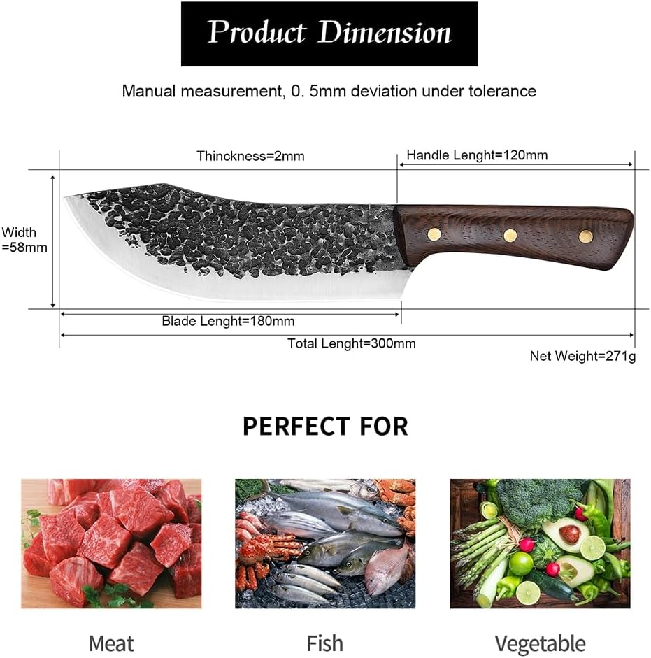 Meat Cleaver Knife, 7 Inch Handmade Forged Knife Butcher Meat Boning Chef Fish Fillet Slicing Cleaver Kitchen Knives High Carbon Clad Steel