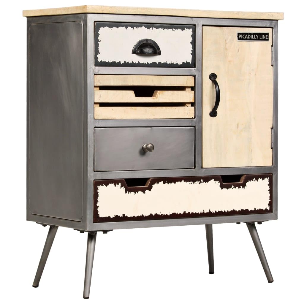 Buffet en bois massif de manguier et acier - 65 x 33 x 76 cm - Commode avec 4 tiroirs - Armoire pour salon, chambre à coucher, couloir, design industriel