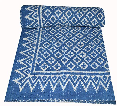 V Vedant Designs Hand Block Print Indian Queen Cotton Kantha Quilt Throw Blanket, 90x108 Inch, Blue