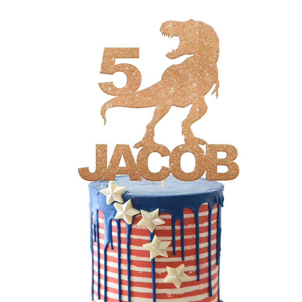 EDSG Personalised Dragon Cake Topper | Custom Boy's Birthday Cake Topper - Multicolour Glitter (Rose Gold) for 1st, 3rd, 5th, 7th, 9th, 13th Birthdays