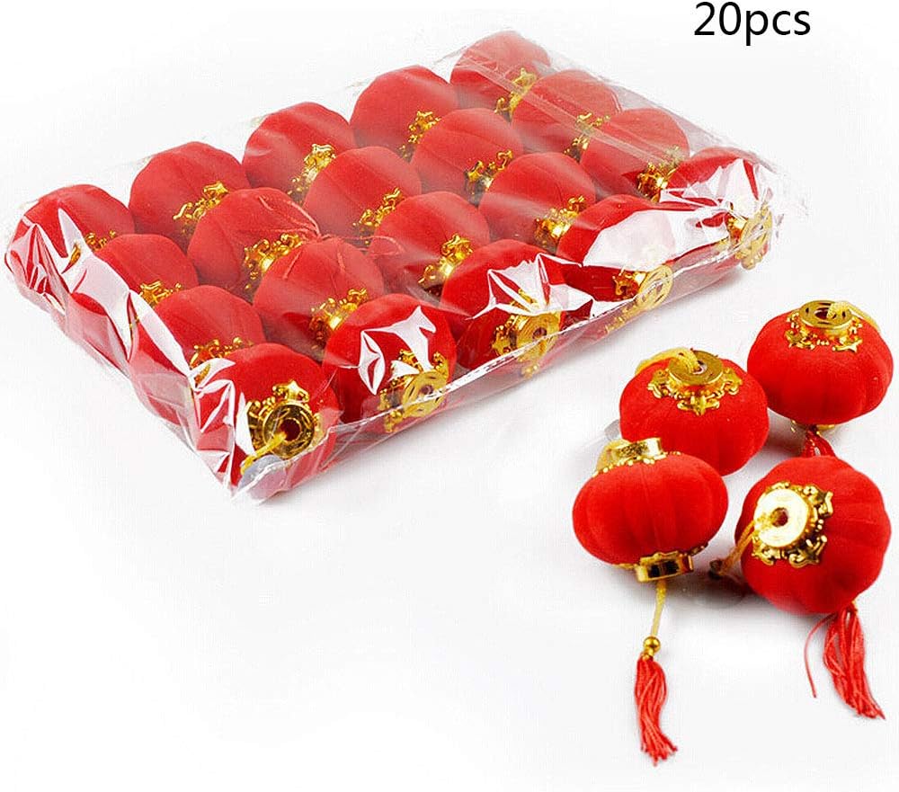 TFTEAM New Year Red Lantern, 20 Pcs Flocking Spring Festival New Year Pendant Chinese Traditional Festival Wedding Restaurant Decoration