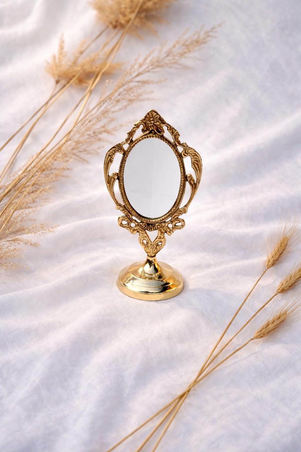 MOJO JOJO Antique Brass Table Top Mirror | Vintage Oval Vanity Mirror with Stand | Decorative Makeup Mirror for Dressing Table | Home Décor Showpiece-image-22