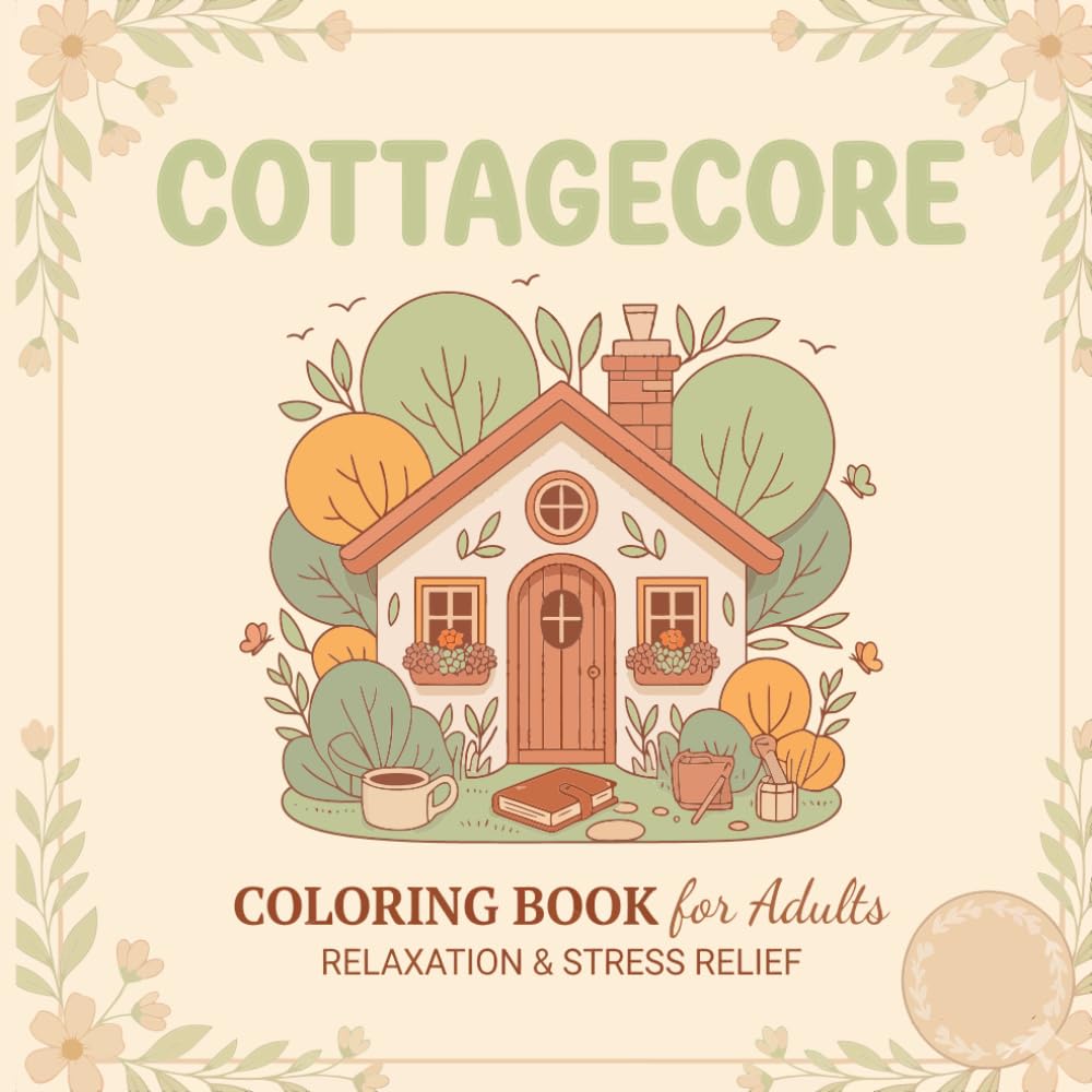 Cottagecore Coloring Book for Adults: Bold & Easy Relaxing Countryside Scenes, Flower Gardens, Cute Animals, Rustic Kitchens & Wildflower Meadows for Stress Relief