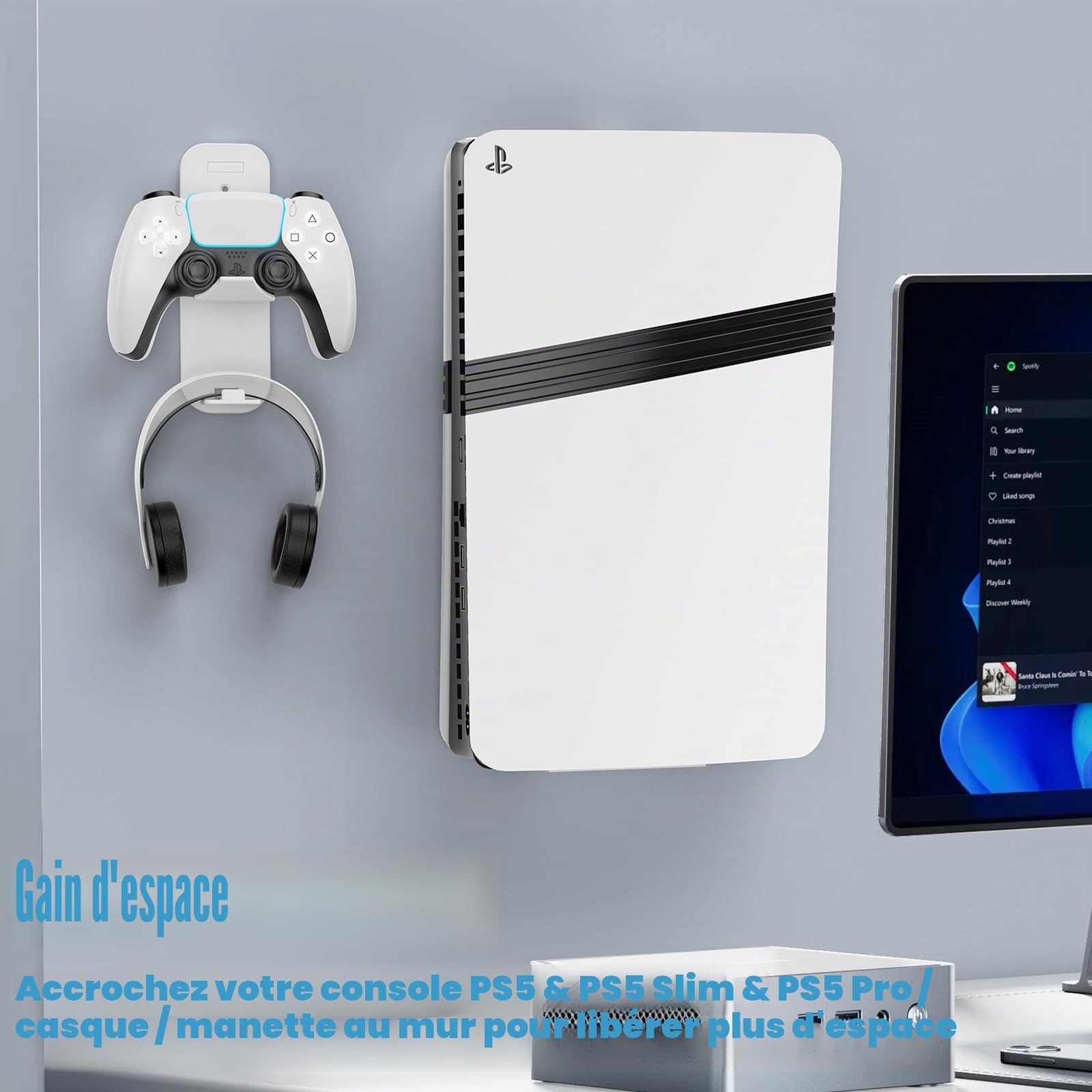 PS5 Support mural pour PS5 Slim et Pro en acier Playstation 5 Support mural avec support de commande et écouteur, vis de suspension éponge (blanc)