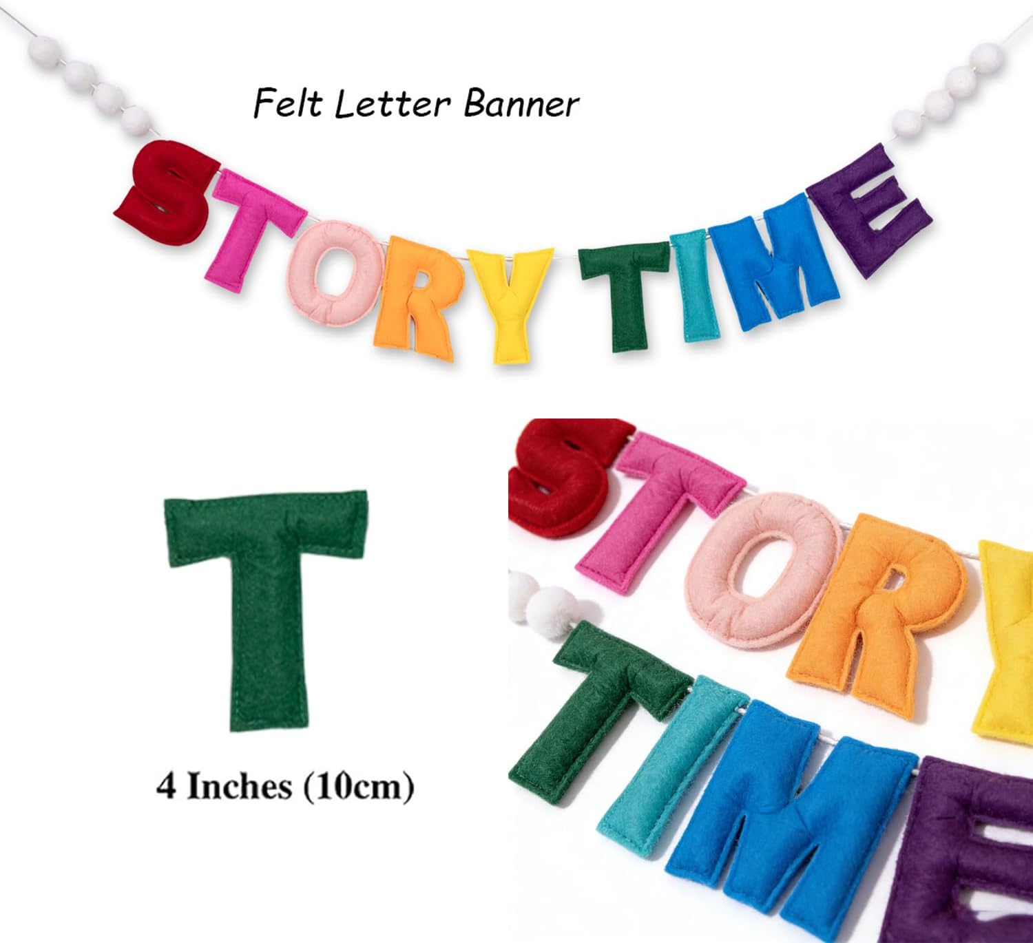 Pre-Strung Felt Storytime Banner - Handmade Nursery Story Time Wall Sign 3D Wool Rainbow Storytime Felt Garland, Reusable Reading Corner Decor for Nursery Kids Room Classroom Library (Storytime)