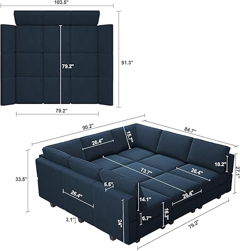 Miniatura 16 de Belffin - Sofá cama modular con otomanas, de terciopelo, reversible y con asiento con almacenamiento, color verde, forma de L-1 Negro