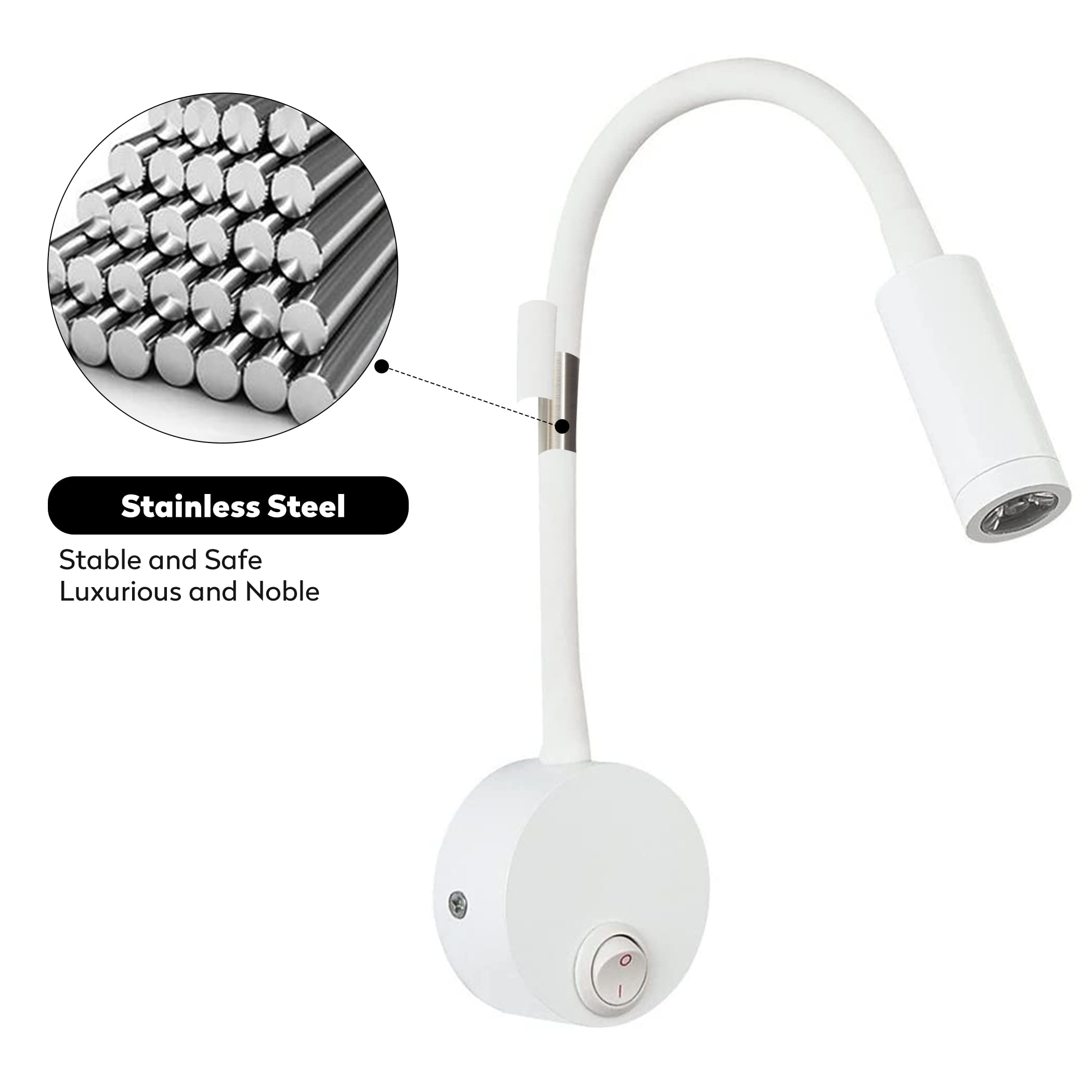 Lámpara de lectura de pared LED, color plateado de aluminio, lámpara de escritorio, luz cálida blanca, diseño de protección de ojos, lámpara de noche con interruptor
