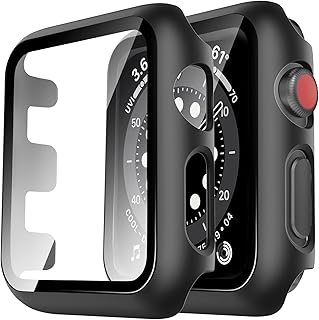 TAURI 2 Pack Hard Case for Apple Watch Series 3/2/1 38mm with 9H Tempered Glass Screen Protector, [Touch Sensitive] [Full Coverage] Slim Bumper Protective Cover for iWatch 38mm - Black