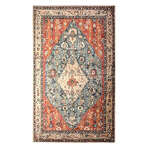 Morebes Tribal Area Rug, Boho 3X5 Machine Washable Kitchen Rug Distressed Bathroom Mat, Vintage Low Pile Entry Way Rug Faux Wool Carpet For Bedroom Kitchen Laundry Dorm, Rust/Multi #TOP6