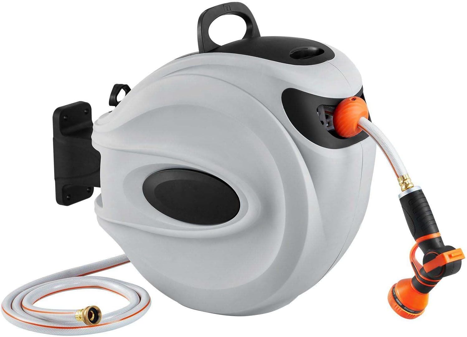 Retractable Hose Reel, 65 ft x 5/8 inch Garden Hose Reel, Garden Hose Reels Extension Power Cord with 9-Pattern Nozzle, Automatic Rewind, 180° Swivel Bracket Wall-Mounted for Ceiling or Wall