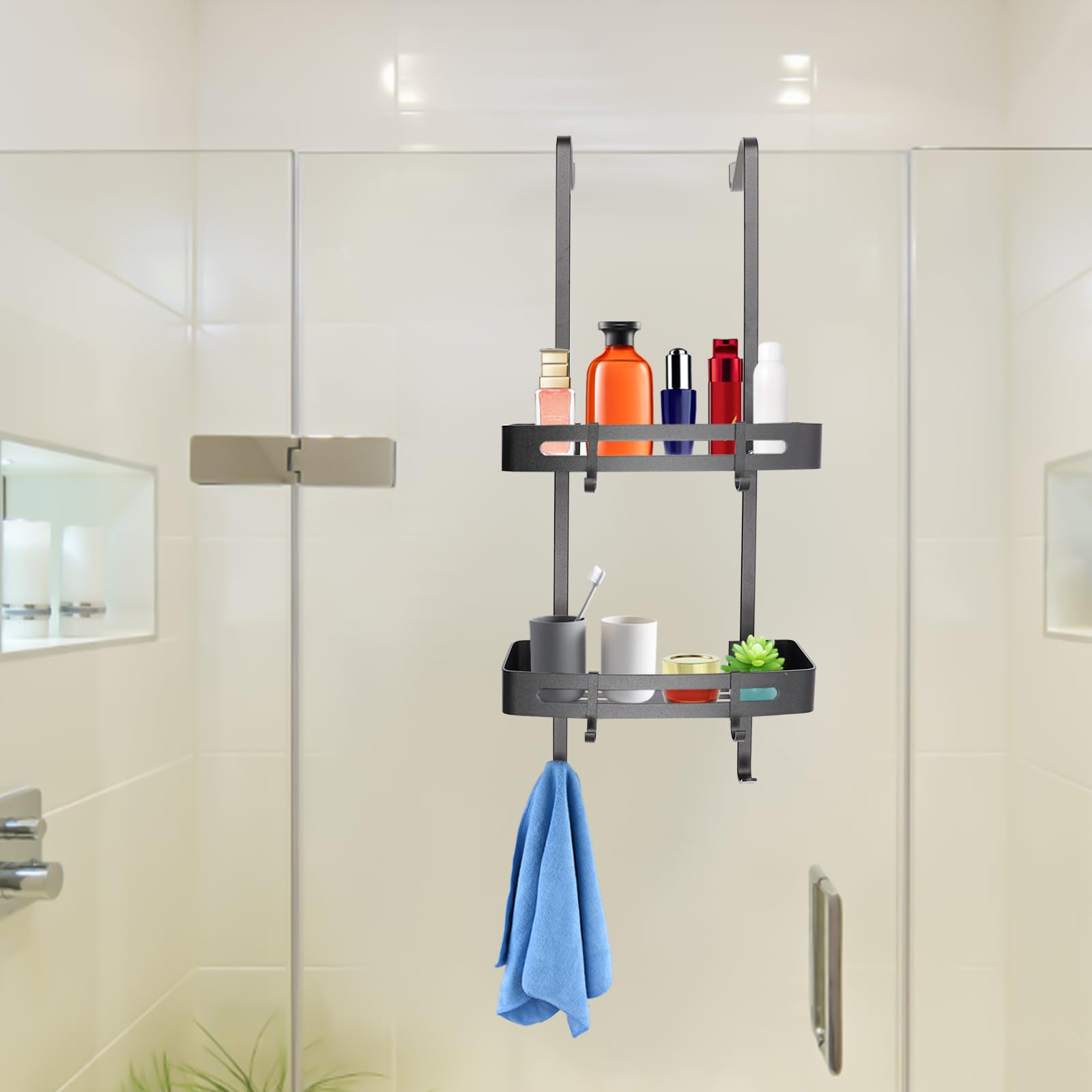 Mensola Doccia 2 Livelli Agganciabile Senza Fori – Adatta Per Porta In Vetro E Pareti – Colore Nero, Con 2 Cestini E Supporto Tergicristallo