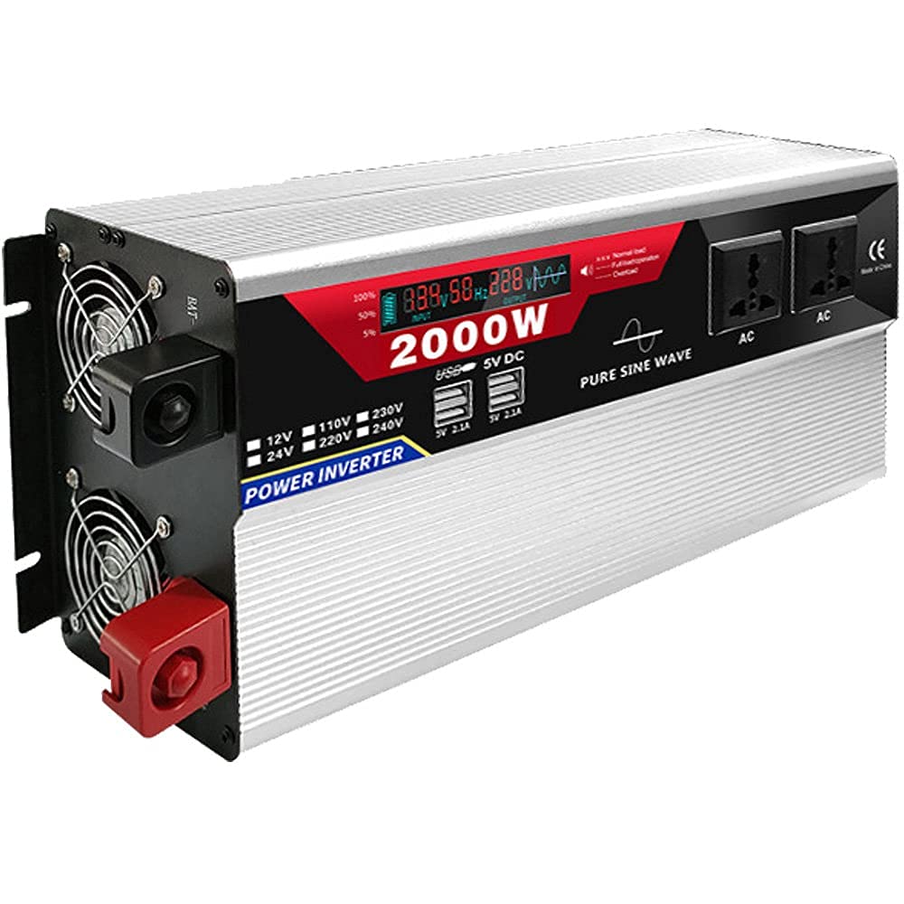 RajoNN Inversores de Corriente 2000W 3000W 4000W 6000W Inversor de Onda sinusoidal Pura Pico 12V 24V CC a 110V 220V AC Inversor de Corriente para automóvil con Control Remoto 2 Salidas de CA 6