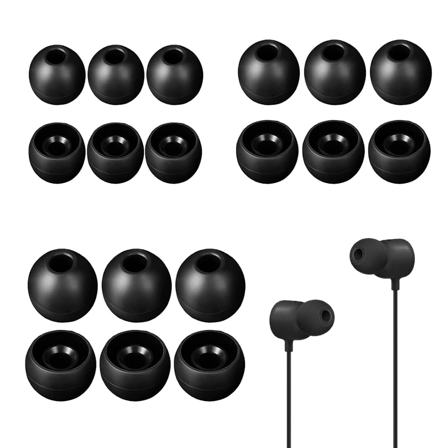 Set of 18 Silicone Tips For Earphones Earplugs Replace Earbuds Soundproof Cap for In-Ear Headphones Replacement Eartips 3 Different Size (S/M/L) Black