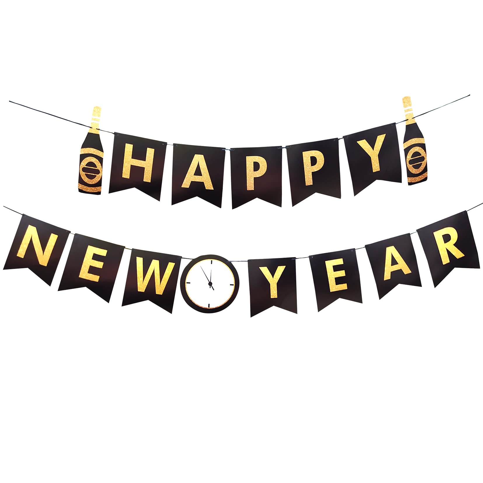 Buy Gold Black Happy New Year banner with Champagne Bottle Clock