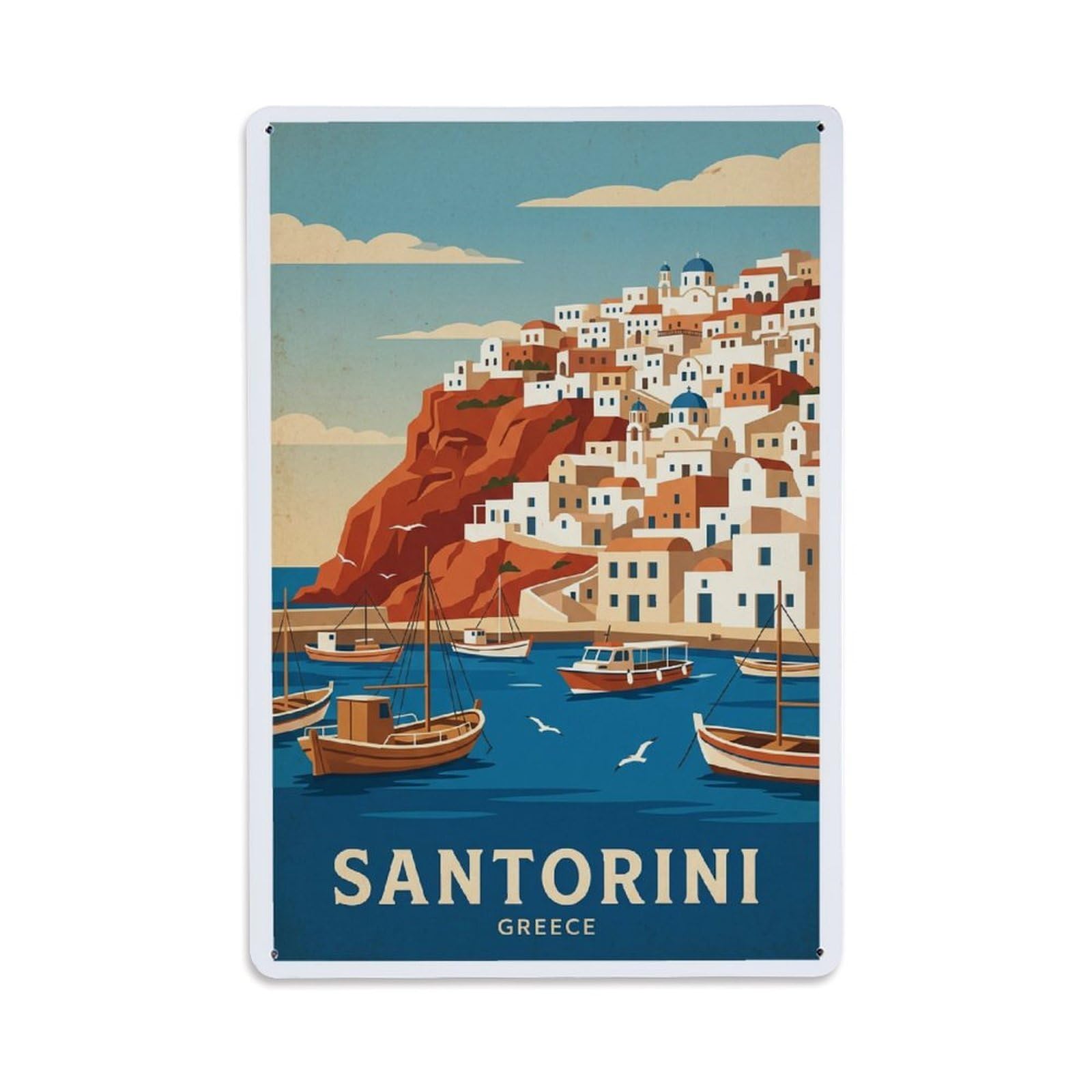 Fyrn Style Metal Tin Sign Vintage Travel Santorini Greece Harbor
