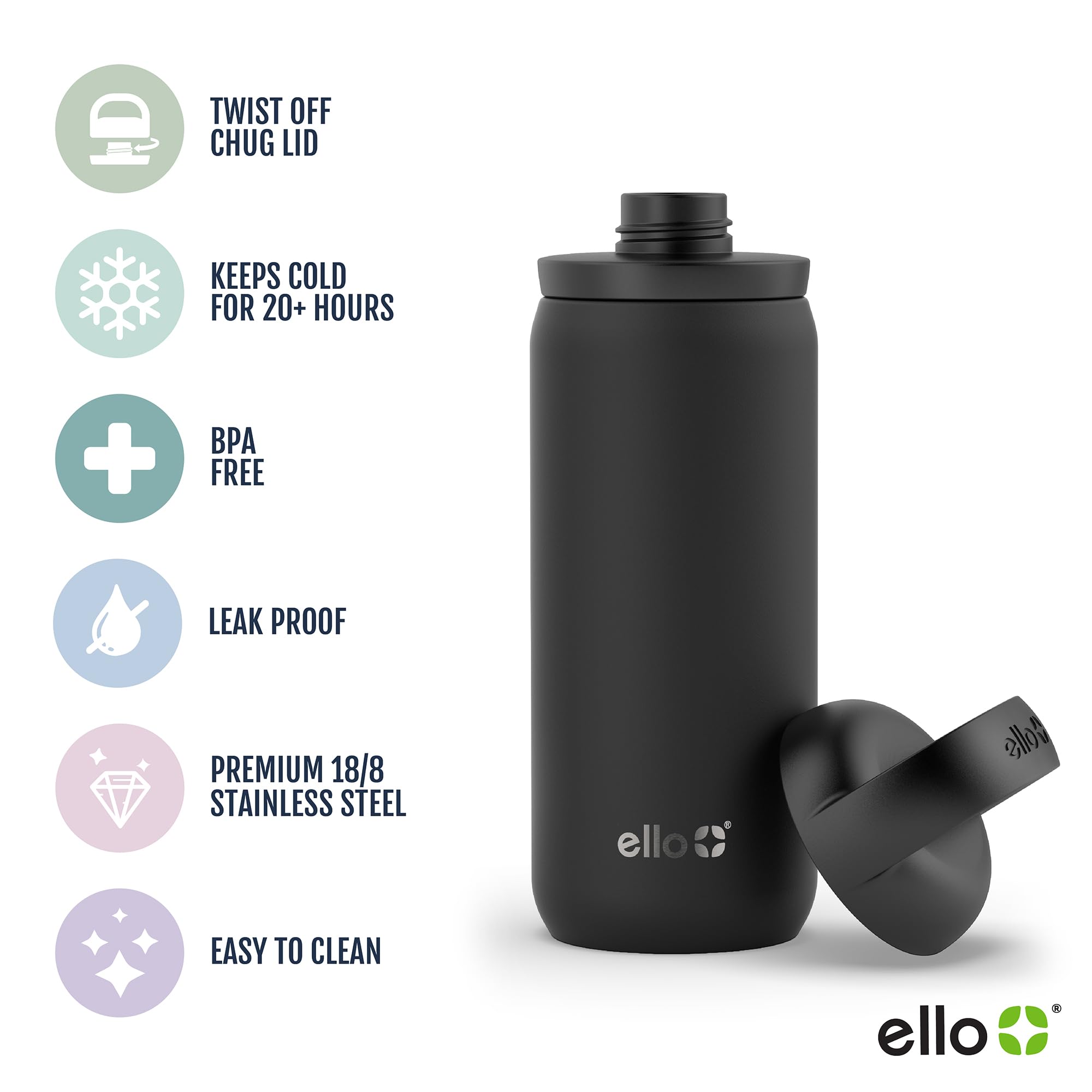 Ello Cooper Twist - Borraccia in acciaio inox con coperchio antigoccia, a prova di perdite, a doppia parete e isolamento sottovuoto, adatta per portabicchieri da auto, con passante per il trasporto