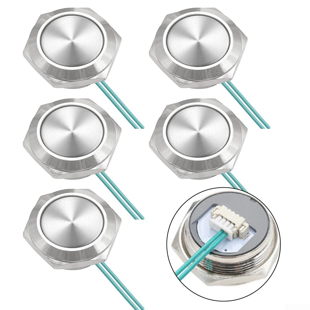 HpLive Lot de 5 interrupteurs à bouton-poussoir en métal auto-réinitialisables ultra courts 12 V-24 V avec câble 16 mm, 19 mm, 22 mm, étanche, auto-réinitialisation instantanée (16 mm)
