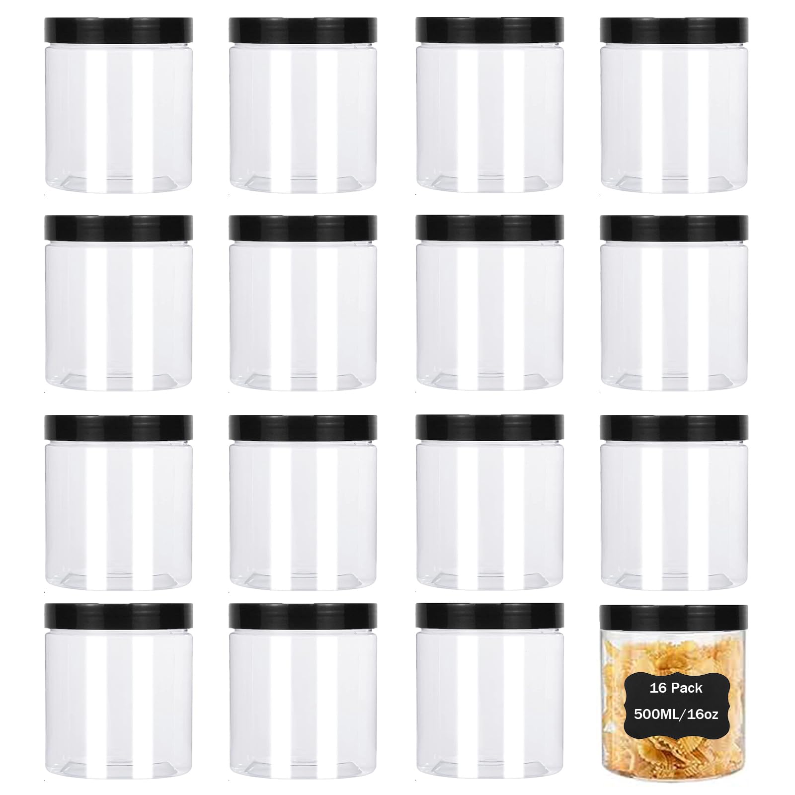 16 Pack 500ml Plastic Jars with Black Lids and Stickers, 16oz Small Clear Jars Plastic Refillable Containers, Empty Round Food Storage Jars for Slime Making Spices Travel DIY Crafts
