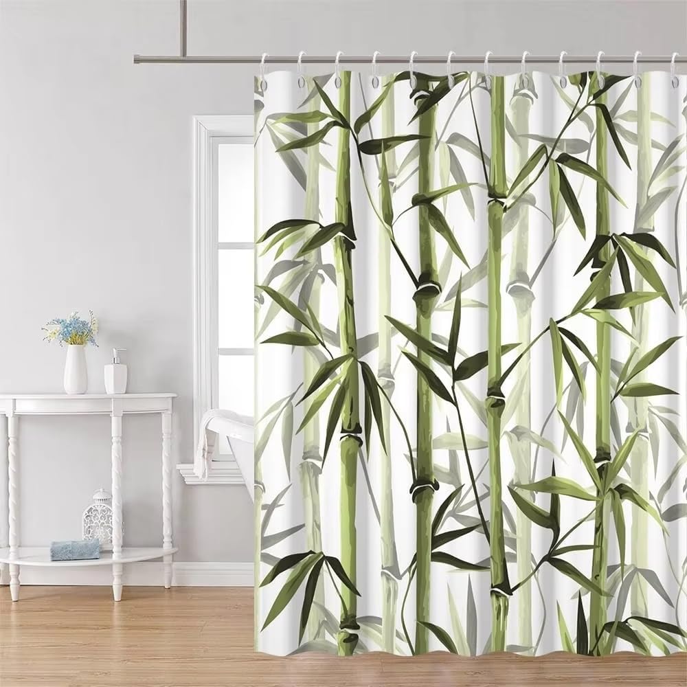 Cortina de Ducha de bambú Verde, Cortina de baño con Estampado de bambú, Tela Impermeable con Estampado botánico Zen SPA primaveral (275 x 180 cm (108 x 71 Pulgadas))