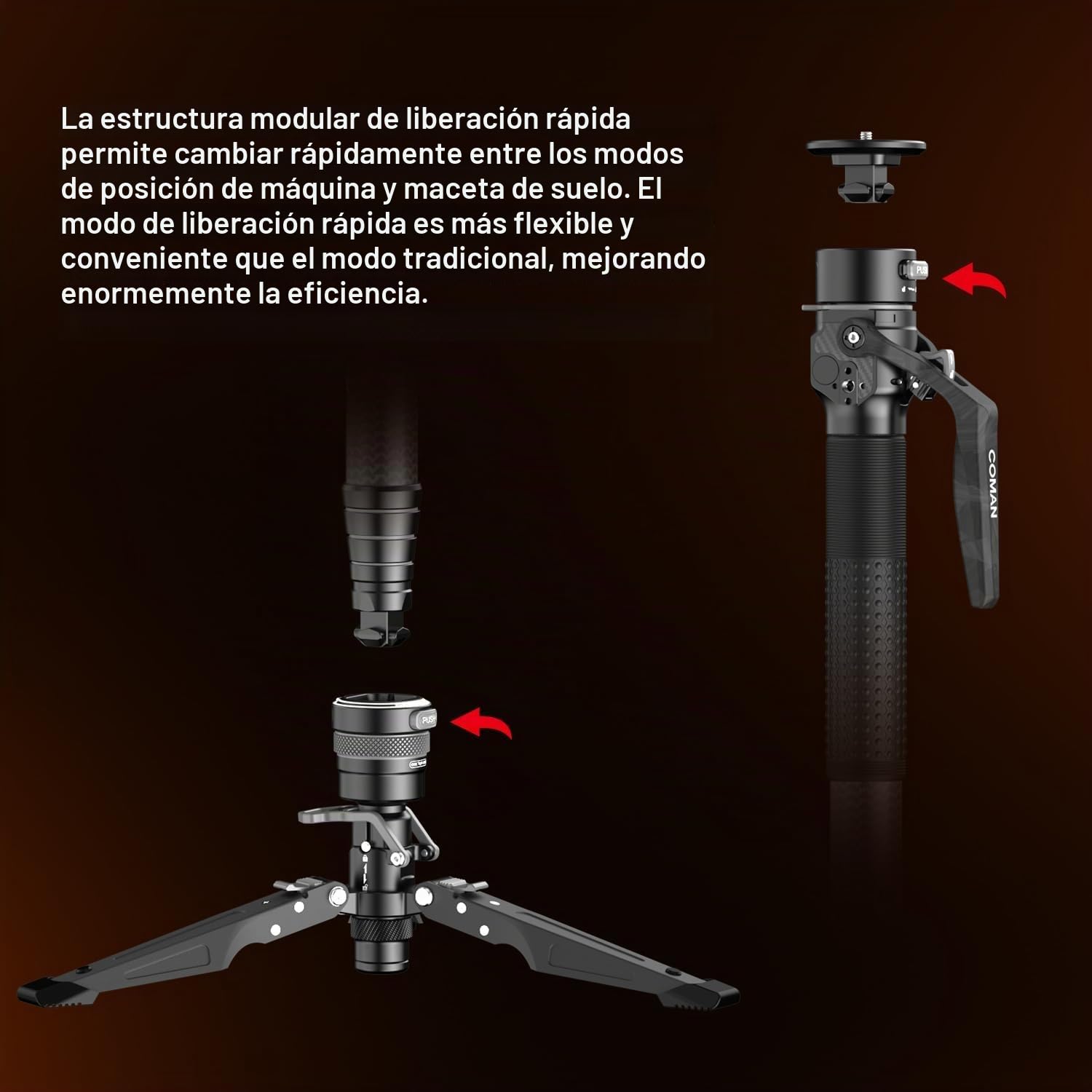 COMAN - Monopié de Fibra de Carbono con elevación en un Clic, monopié para cámara de 175 cm con Patas, trípode de Viaje Ligero con Placa de liberación rápida para cámara, DSLR,Carga máxima de 10 kg