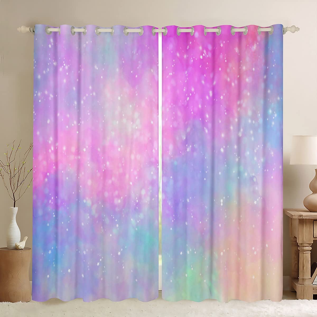Feelyou Girls Galaxy Darkening Dreapes Kids Pink Purple Glitter Curtains for Bedroom Girly Dreamy Comter 30%-50% Blackout Curtains Rainbow Outer Space Sky Window Treatments (2 Panels, 38 x 54 Inch)