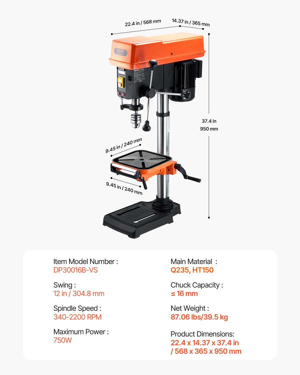 VEVOR 304,8 mm Tischbohrmaschine, 750 W, Säulenbohrmaschine mit 340–2200 U/min variabler Drehzahl, mit 0–45° neigbarem Arbeitstisch, LED, Röntgenpositionierung, für Holz & Metall
