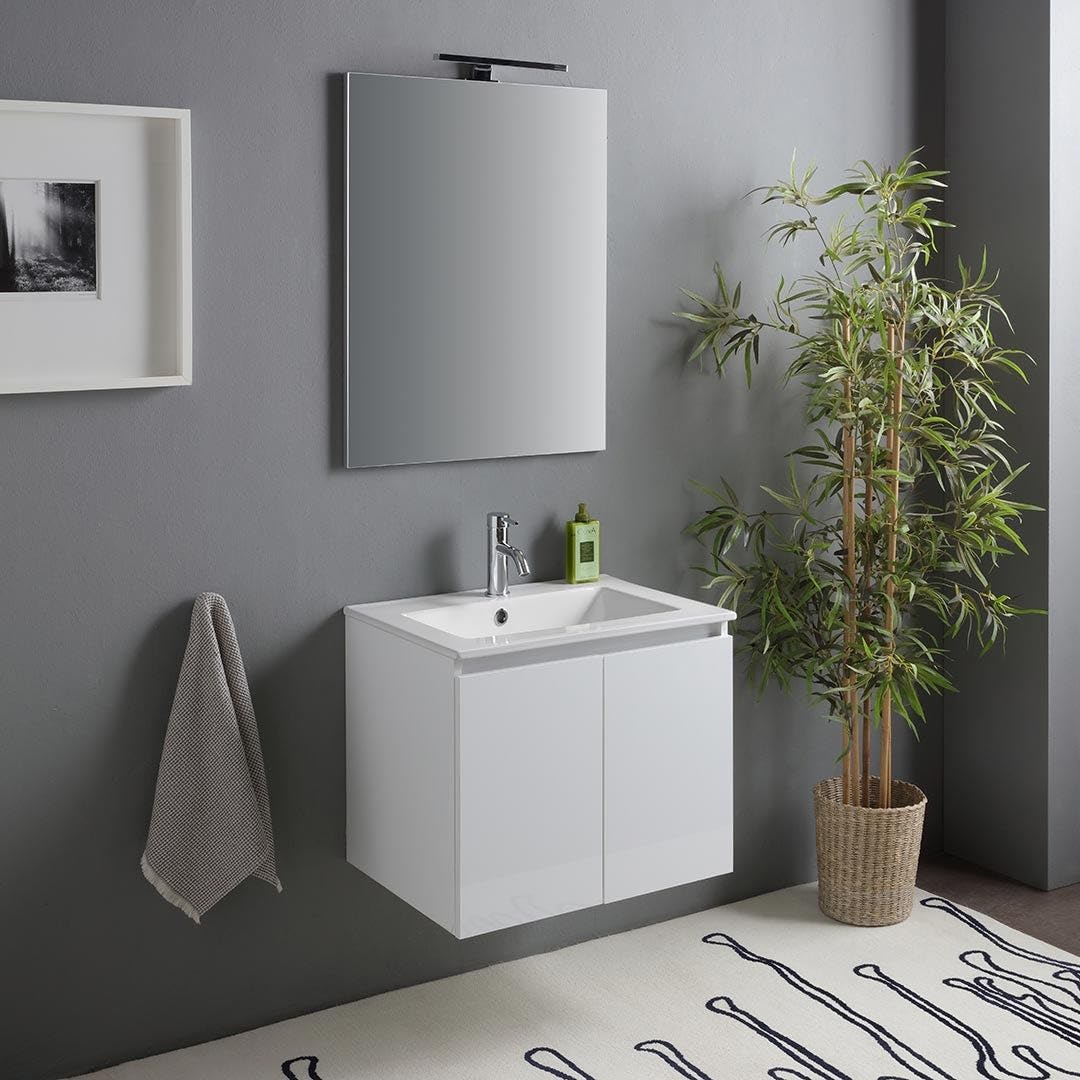 Kiamami Valentina - Mobile bagno sospeso 60cm bianco lucido con lavabo in ceramica e specchio con lampada | Benaco | Mobile già assemblato