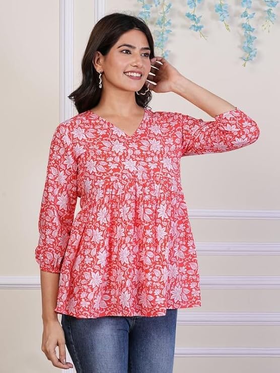 Image of Women's Regular Fit Printed Tunic Top with 3 /4 Sleeves and V Nack Long Length | Short Kurta for Women